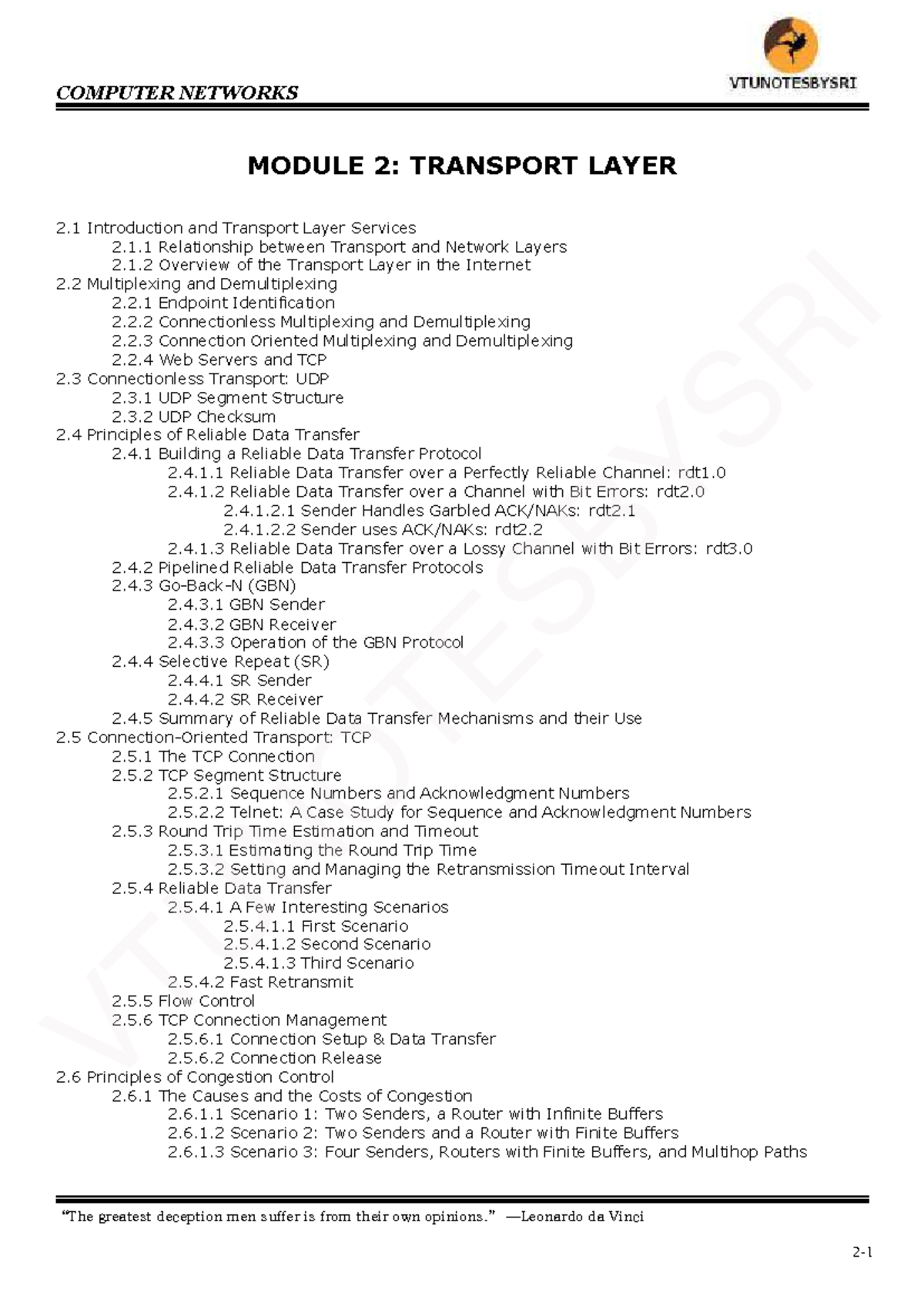 COMPUTER NETWORKS VT U N O TE SB YS R I: Transport Layer Overview and ...