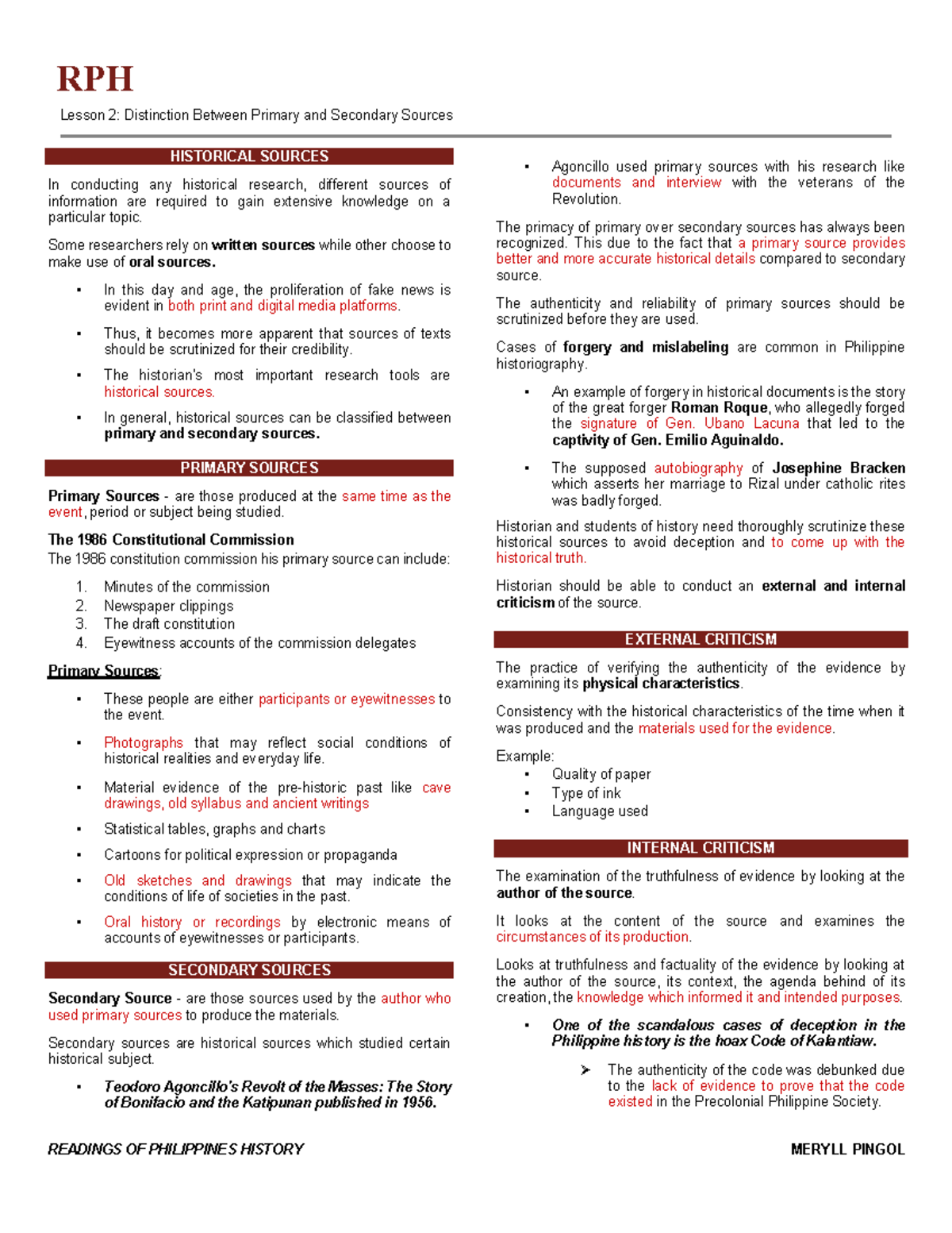 RPH Lesson 2: Understanding Primary vs. Secondary Historical Sources ...