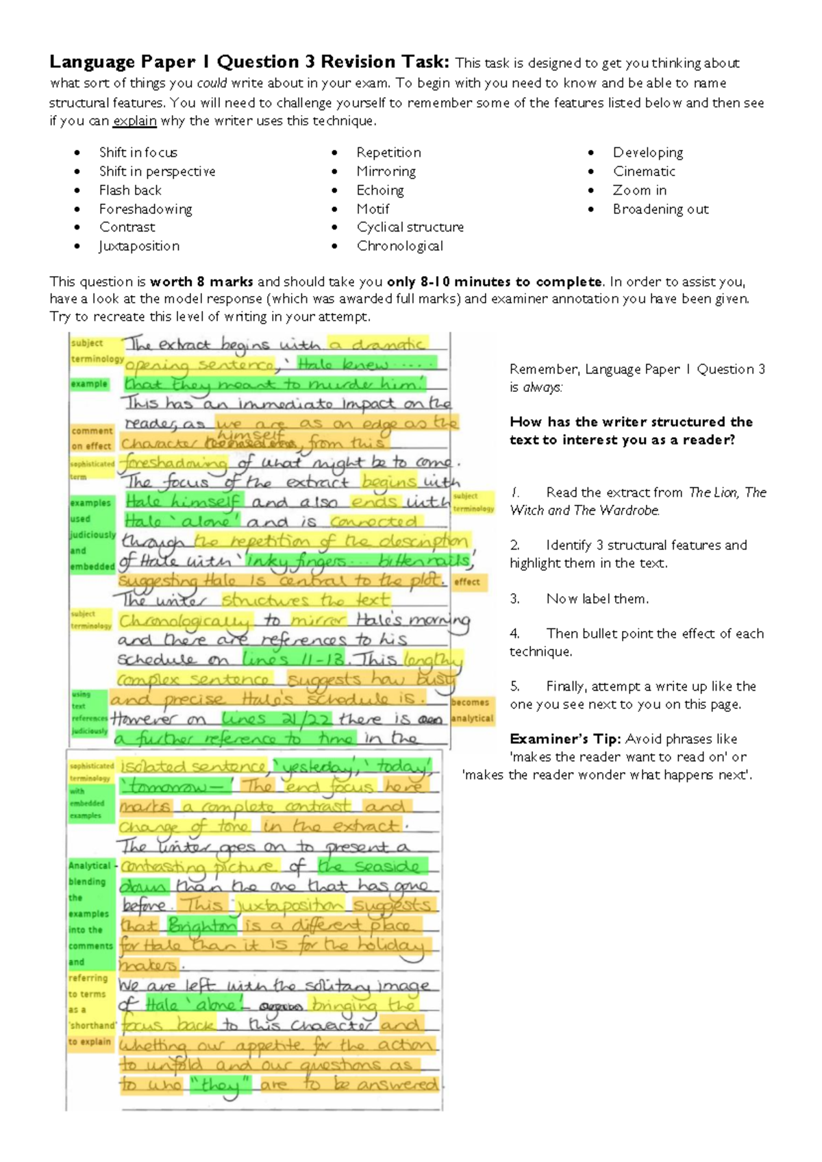 Language Paper 1 Q3 Revision: Analyzing Structure in Narnia - Studocu
