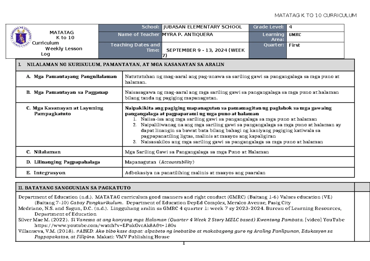 DLL Matatag PE & Health 4 Q1 Lesson Log (W7-8) - Week 7 Activities ...