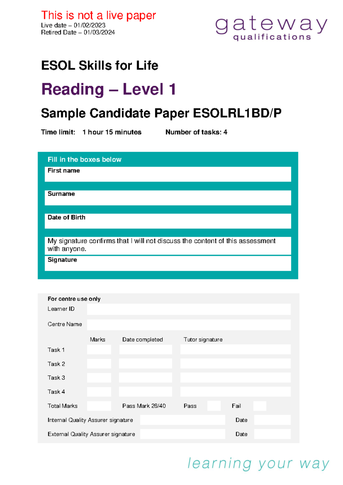 ESOL Skills for Life Reading Level 1 Sample Assessment Paper - Studocu