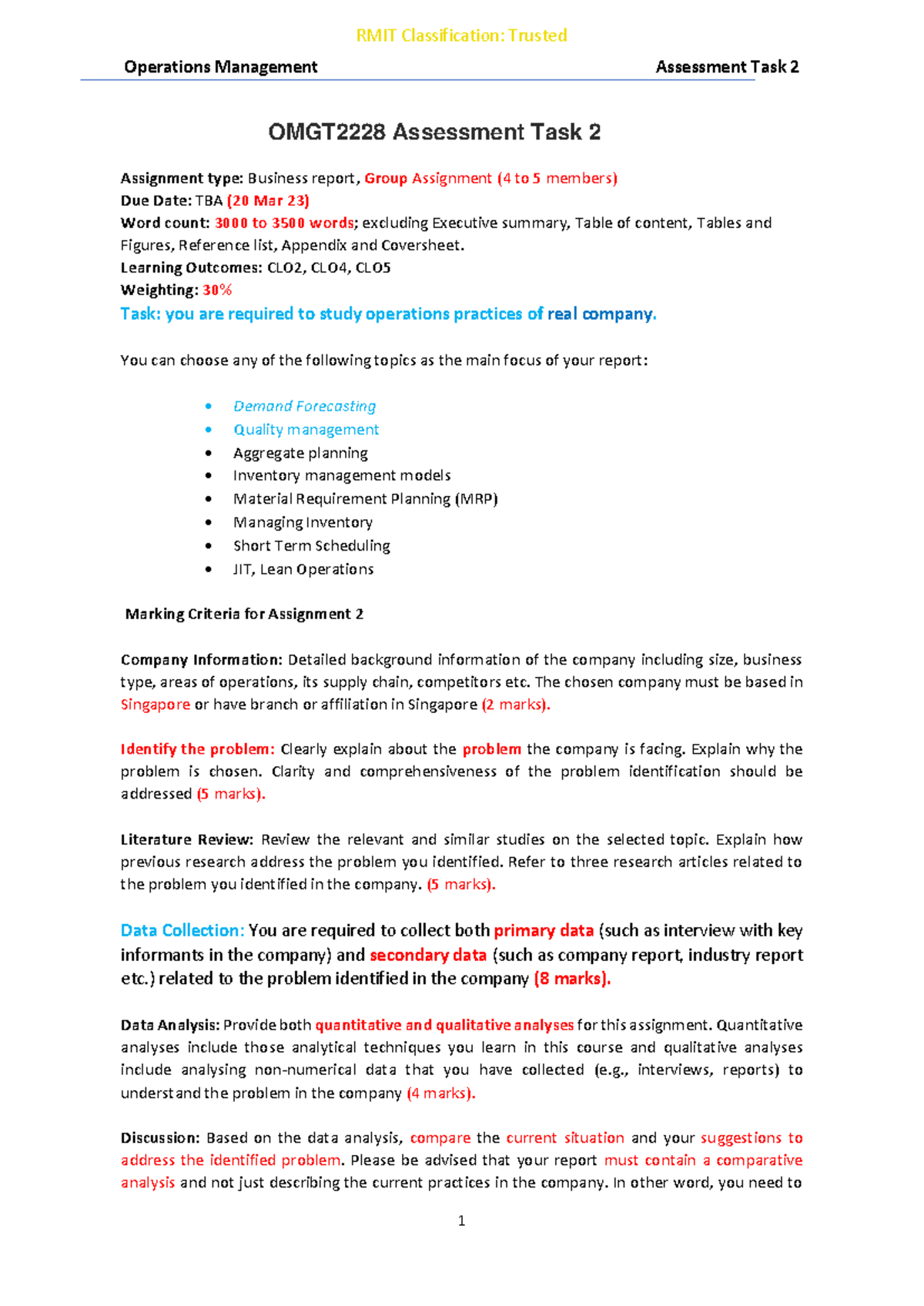 28a2 3 - a2 guideline - Operations Management Assessment Task 2 1 RMIT ...