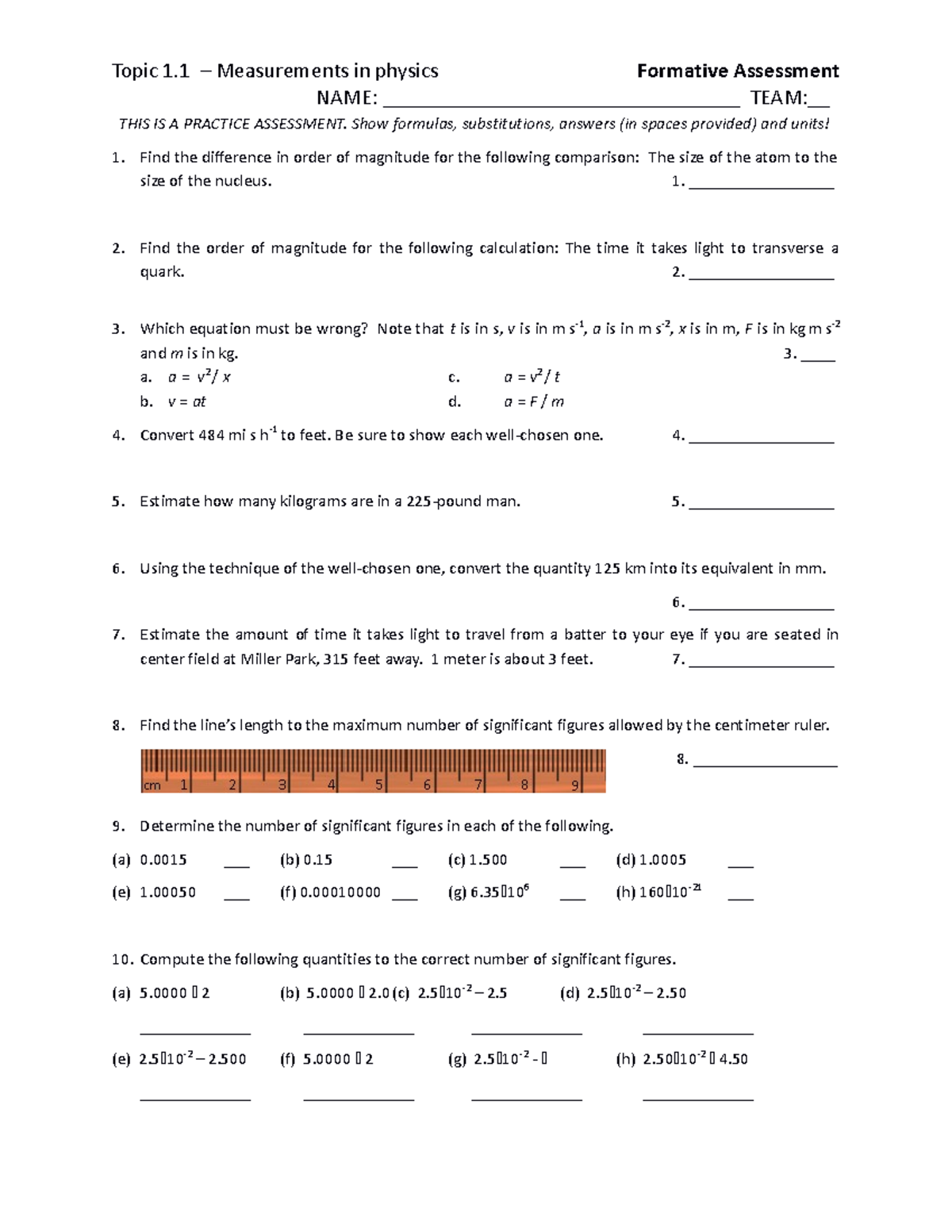 Topic 1 - Physics Measurements Practice Worksheet - Homework - Studocu