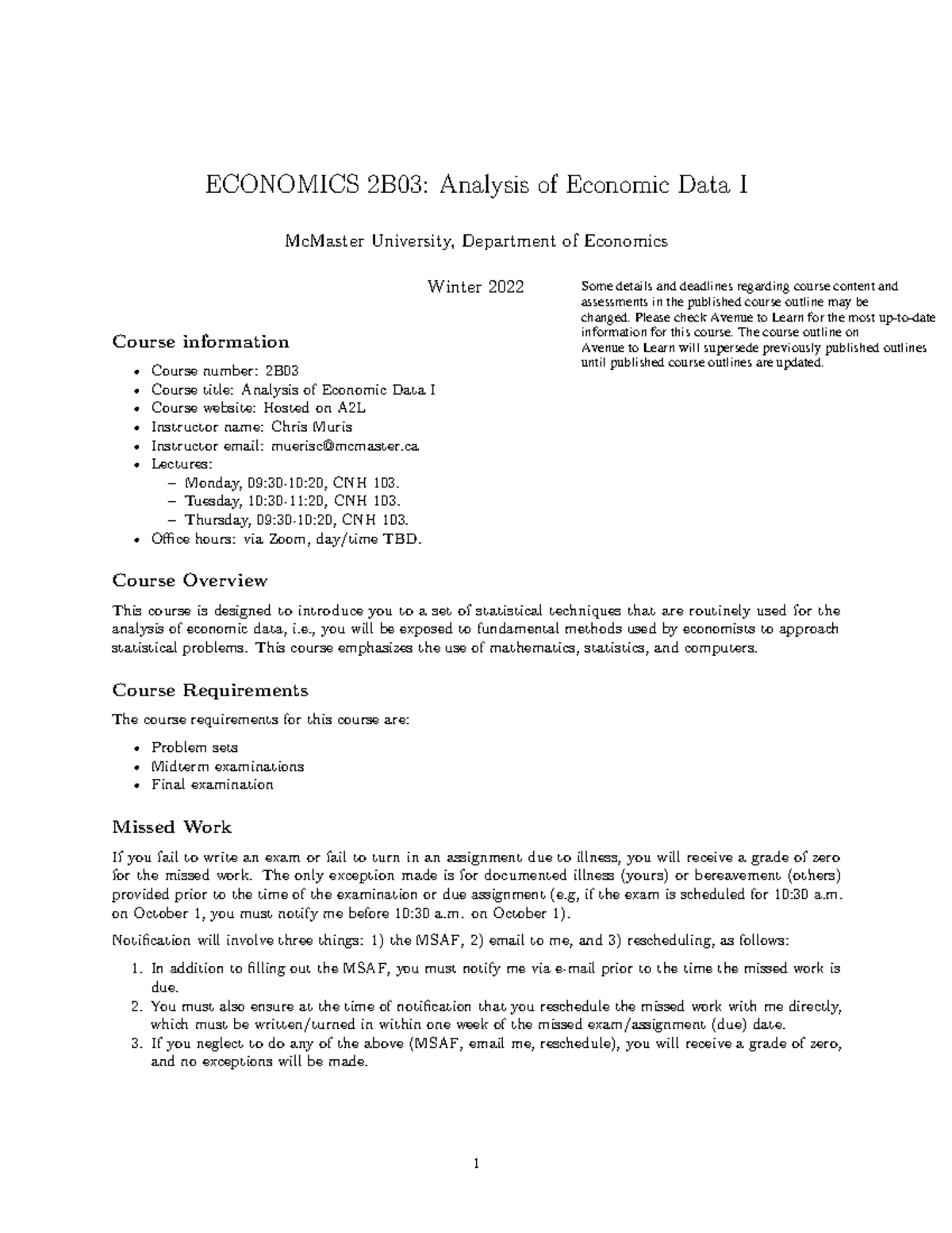 Econ 2B03 Course Outline: Analysis of Economic Data I - Winter 2022 ...