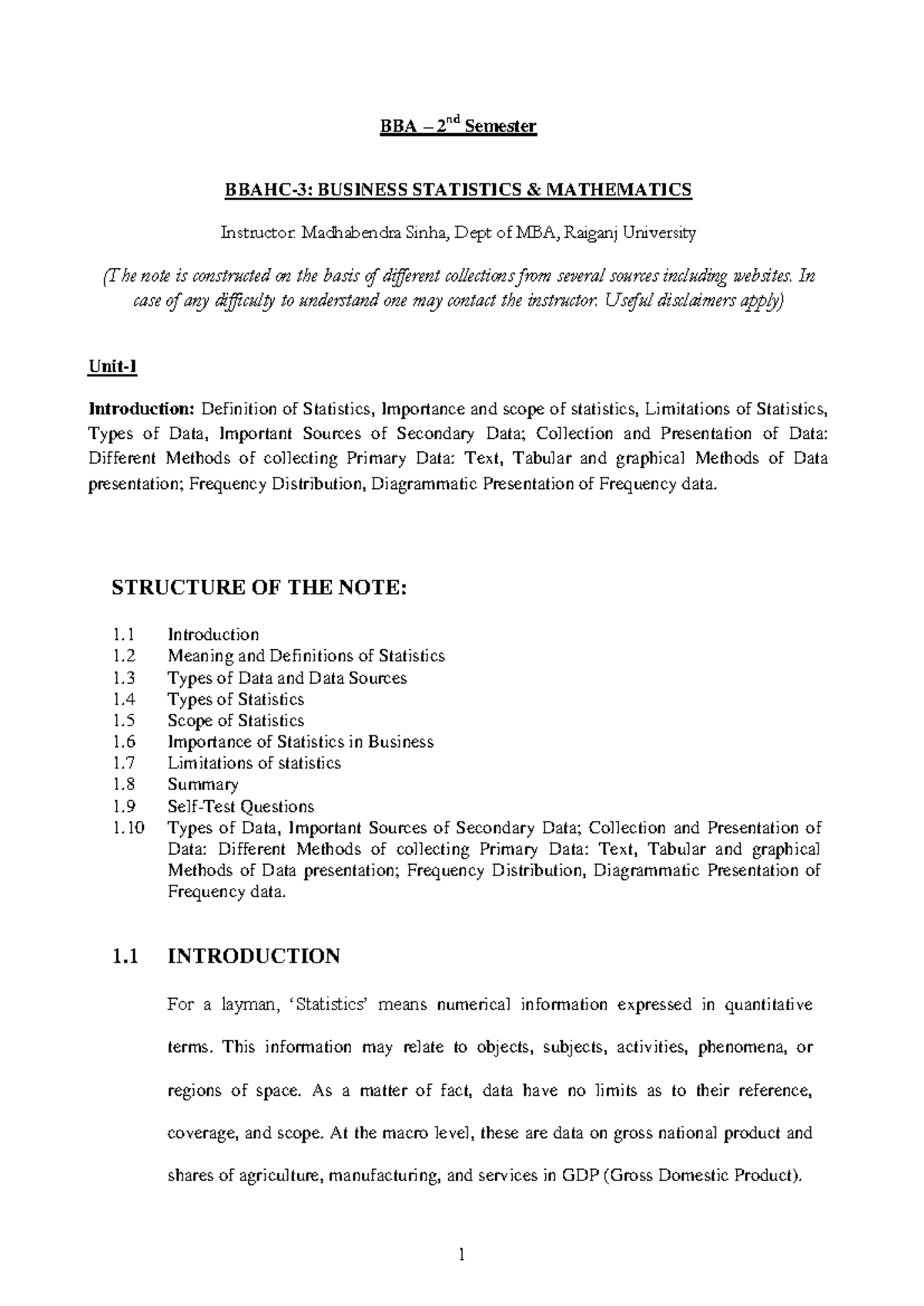 BBA 2nd Sem BBAHC-3: Comprehensive Business Statistics Notes - Studocu