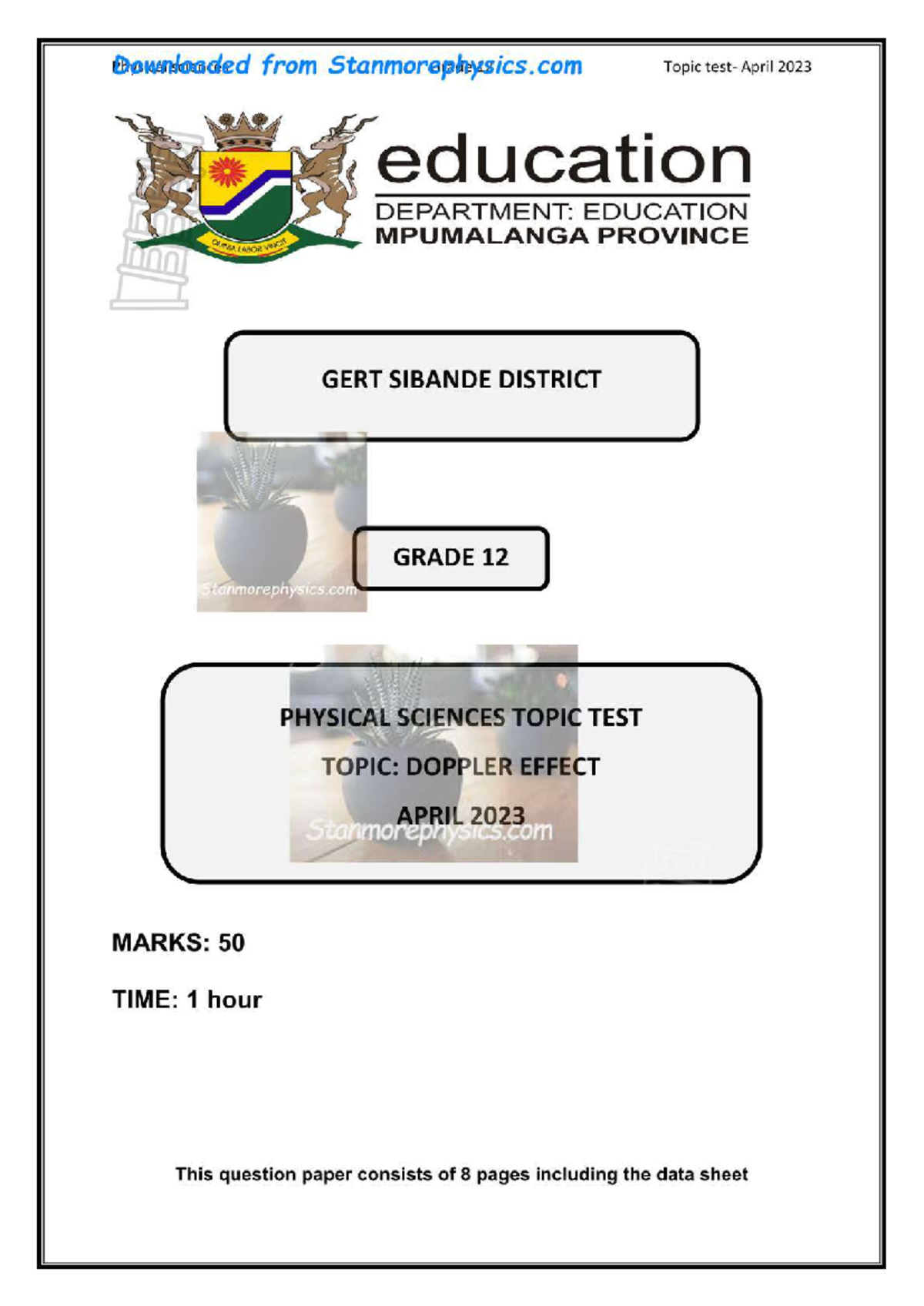 MP Grade 12 Physical Science Test: Doppler Effect April 2023 - Studocu