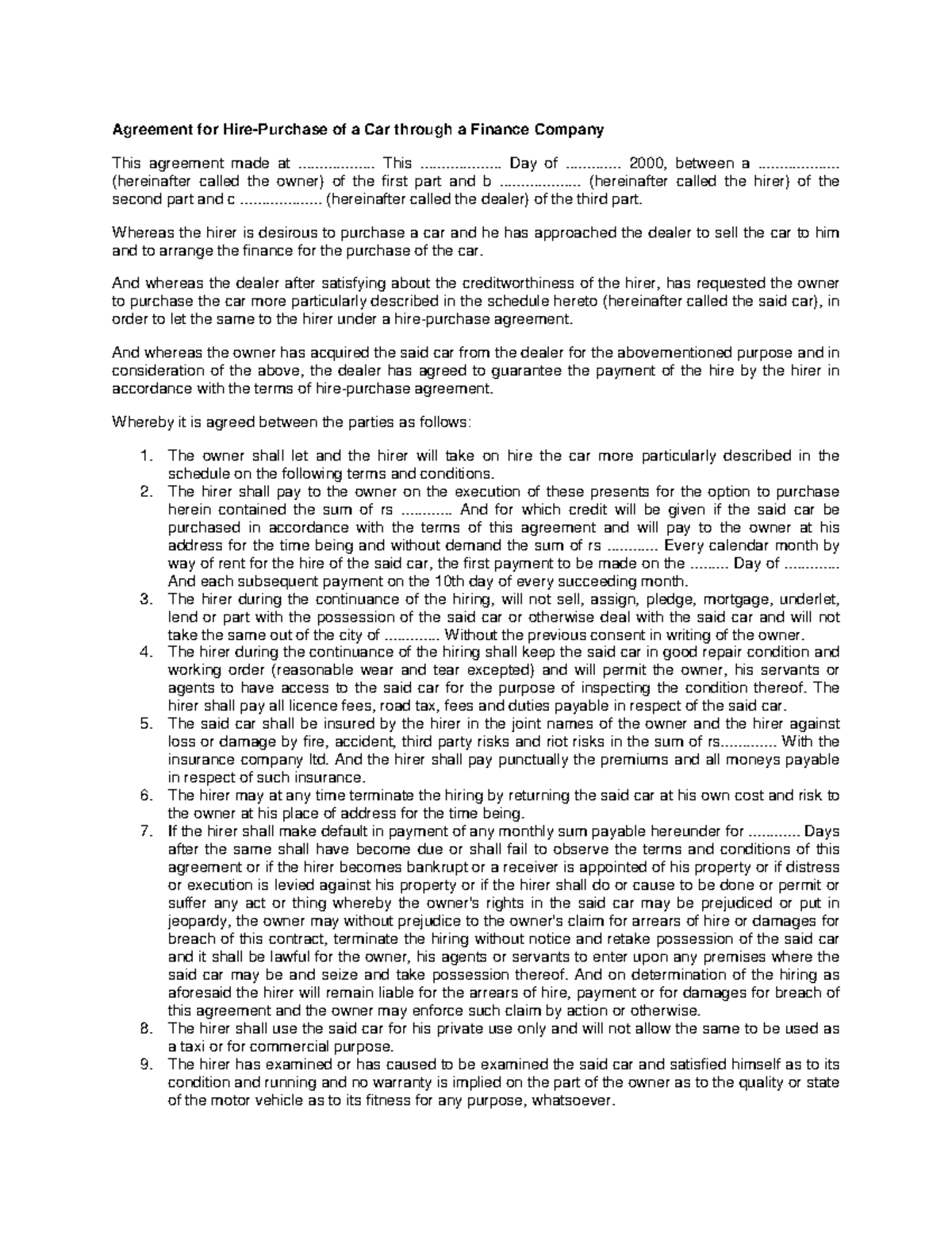 10.pdf HP Agreement - Agreement for Hire-Purchase of a Car through a ...