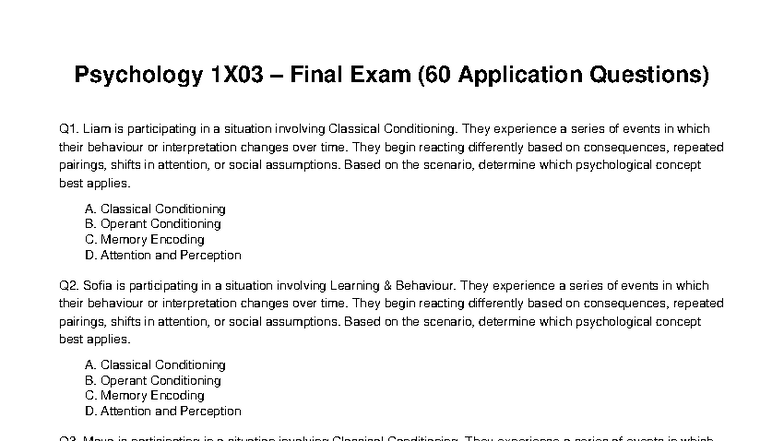 Psych 1X03 Final Exam: 60 Application Questions on Conditioning - Studocu