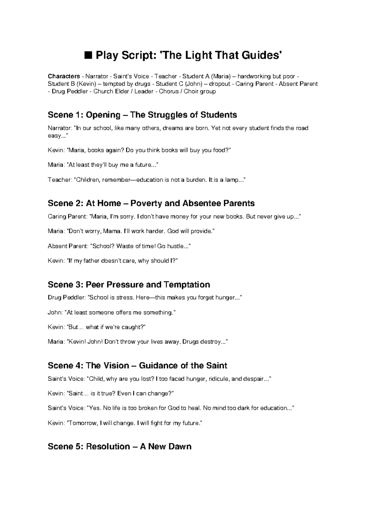 Play Script: The Light That Guides - A Student's Struggle - Studocu