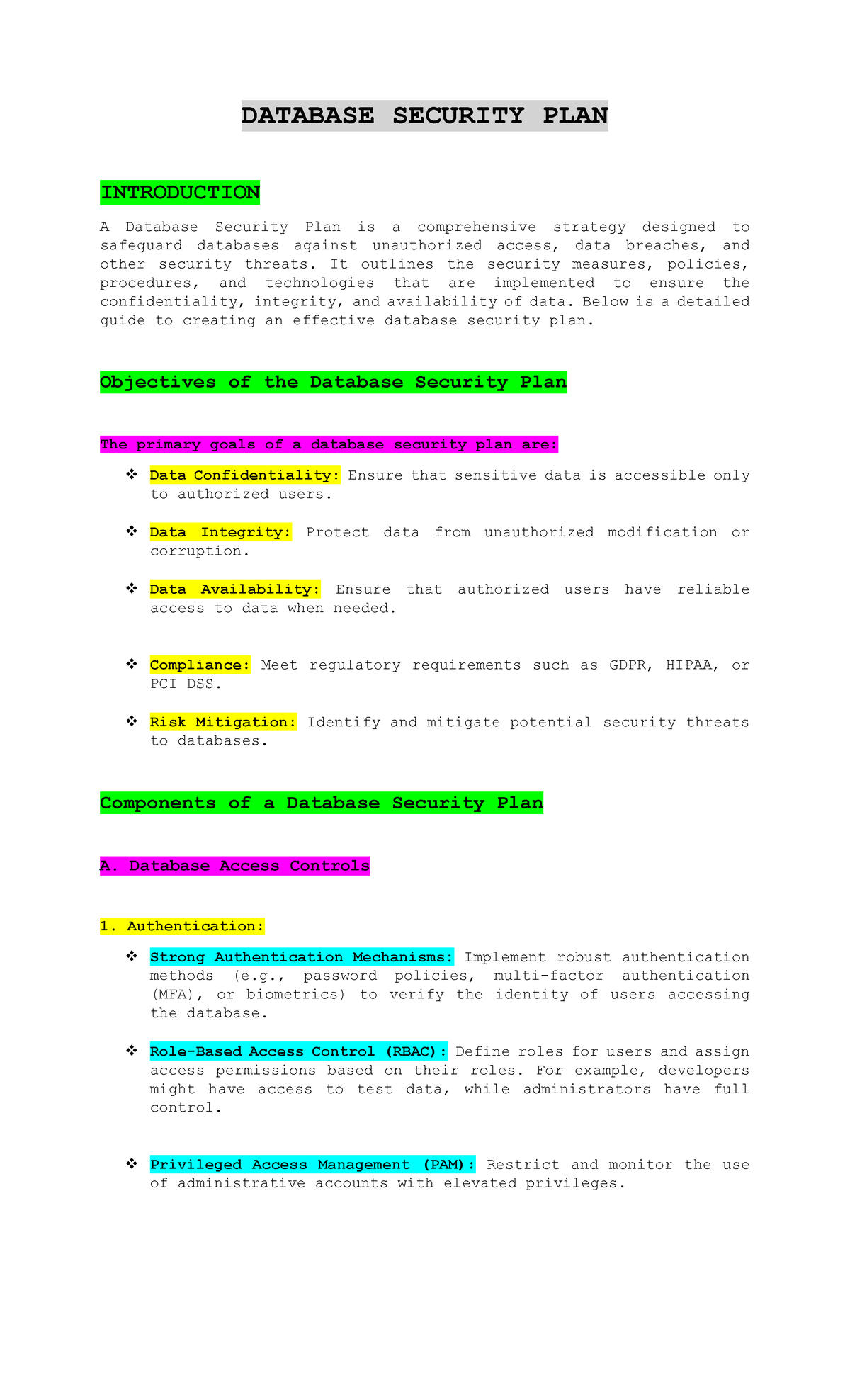 Database Security PLAN - DATABASE SECURITY PLAN INTRODUCTION A Database ...