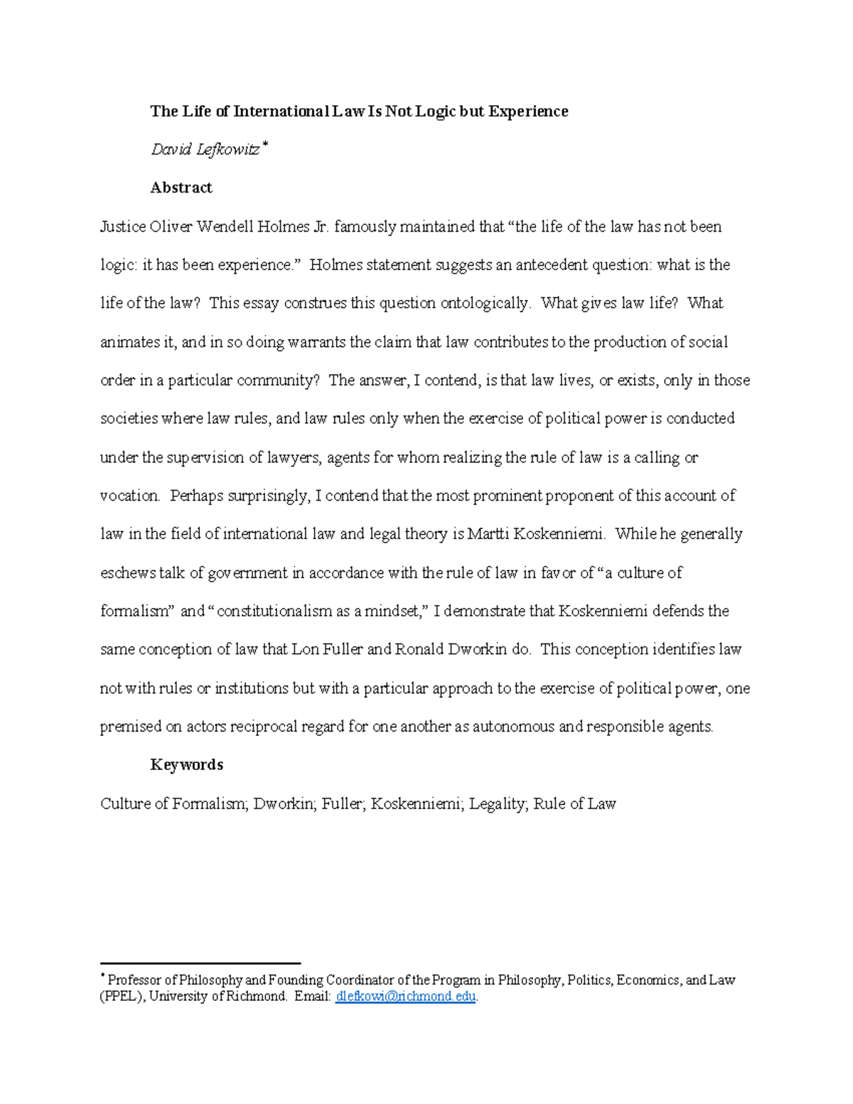 PPEL 301: The Life of International Law: Experience Over Logic - Studocu