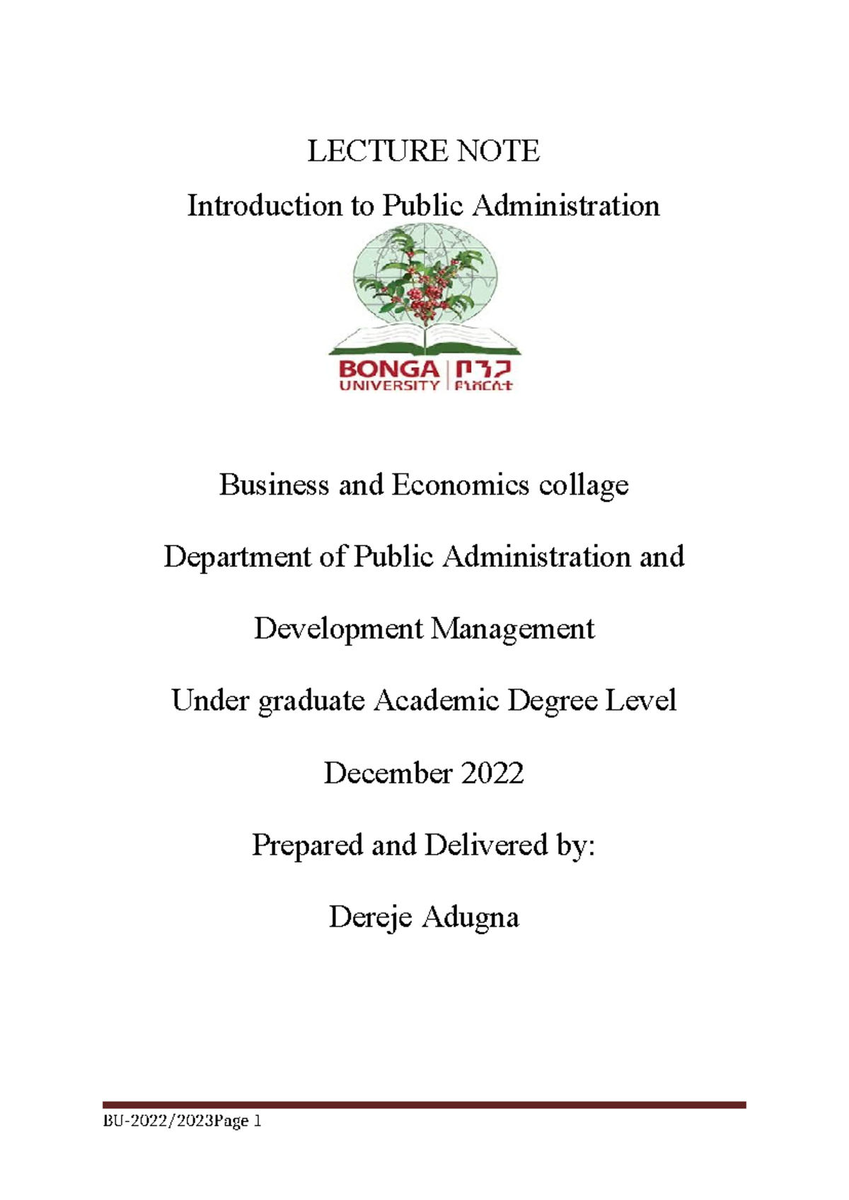 Lecture Note PA - Introduction to Public Admin & Development Mgmt - Studocu