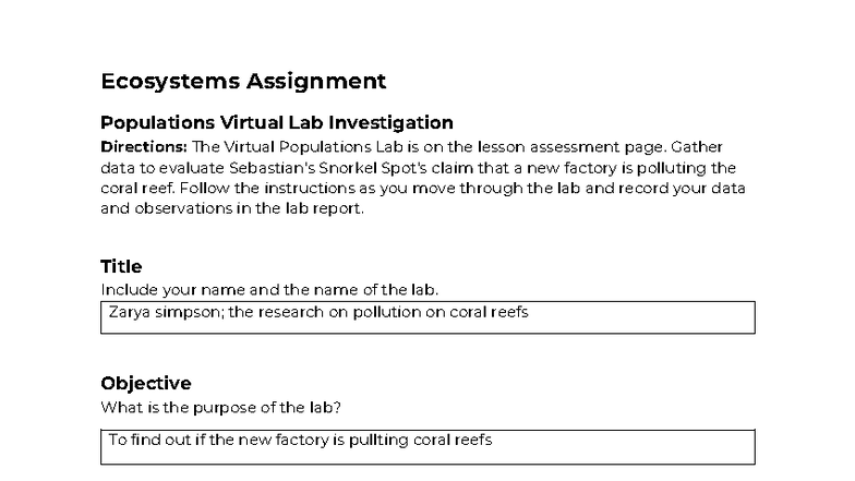 Ecosystems Assignment: Virtual Lab on Coral Reef Pollution (04 03 ...