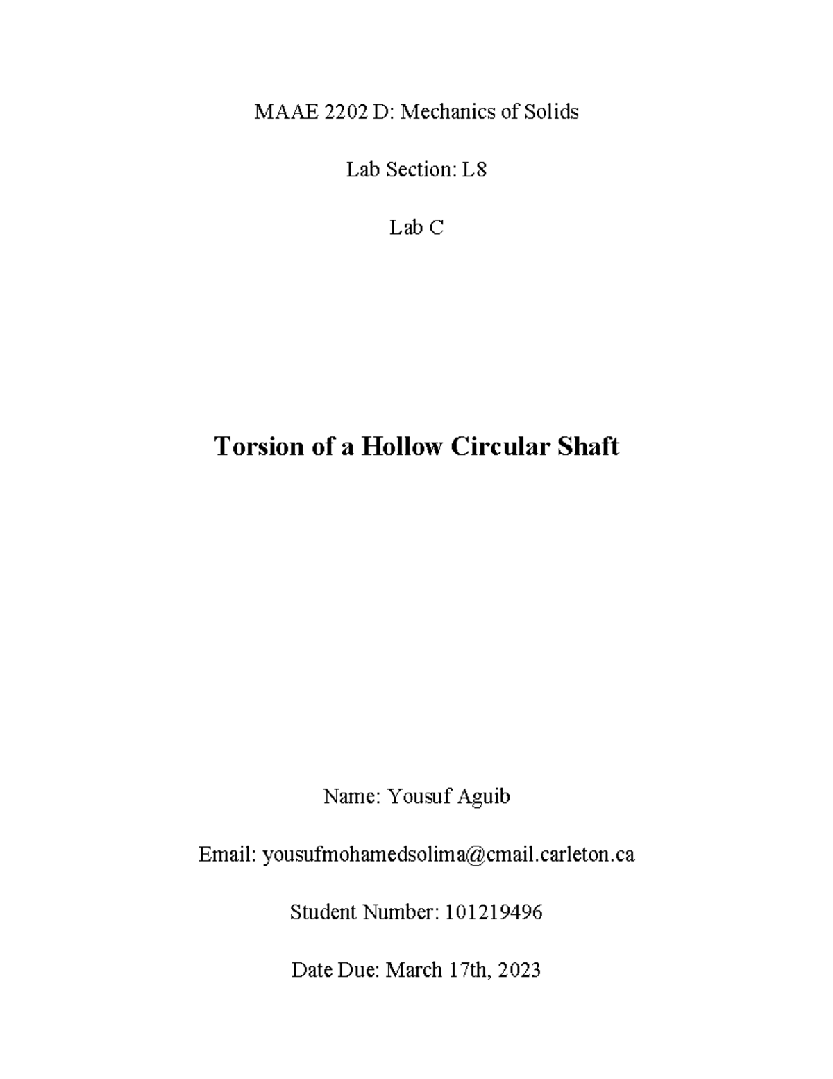MAAE 2202 D Lab C: Torsion of Hollow Circular Shaft Experiment - Studocu