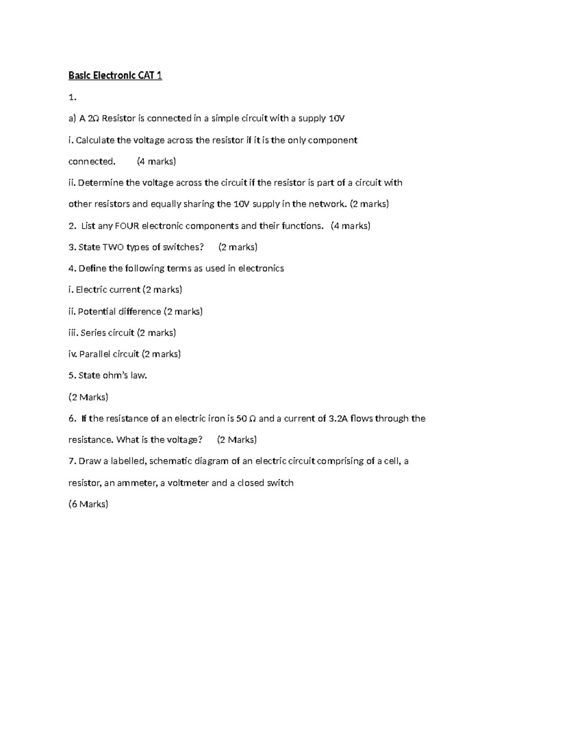 Basic Electronic CAT 1 - Lecture Notes and Practice Questions - Studocu