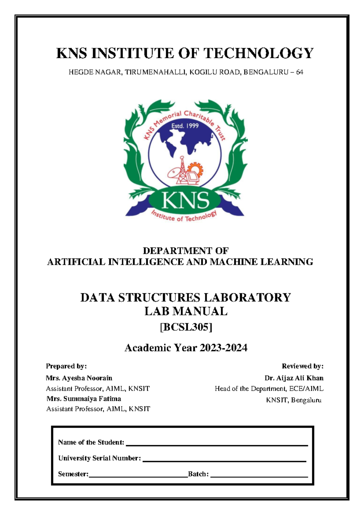 DATA STRUCTURES LAB MANUAL (BCSL305) - KNSIT - Studocu