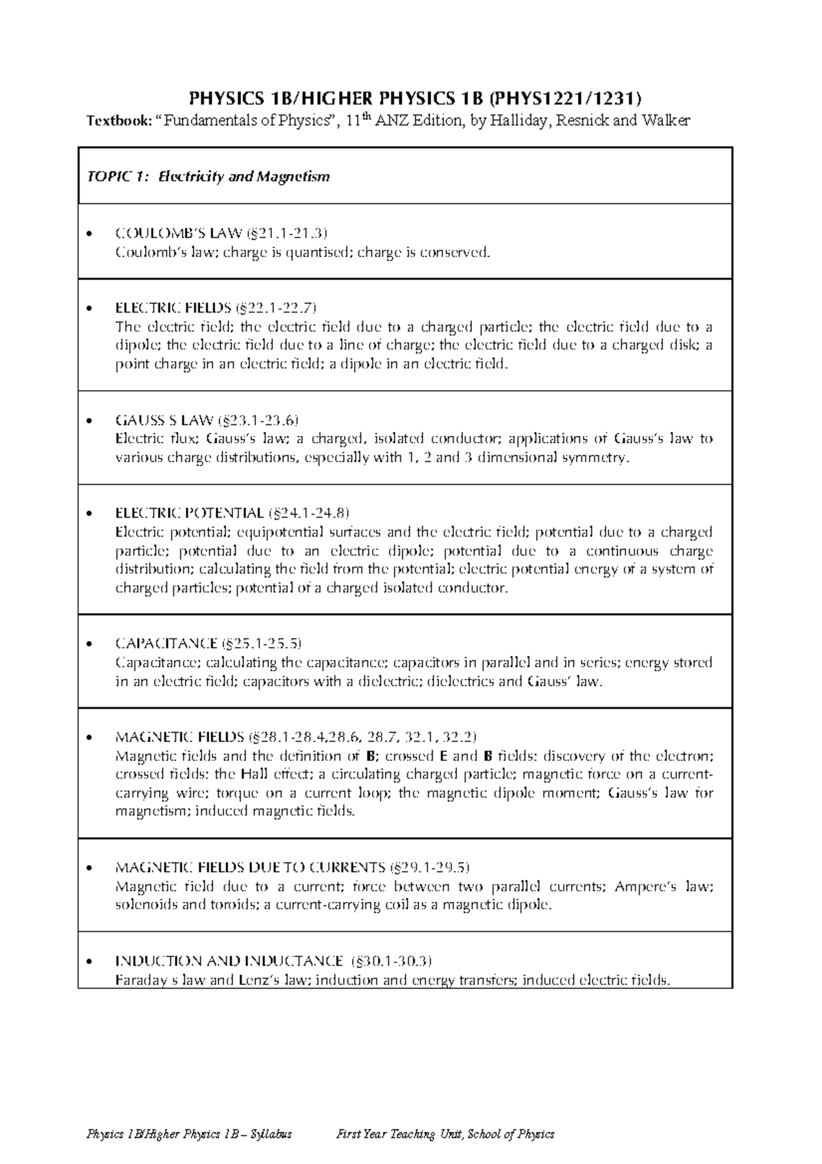 Physics 1B (PHYS1221/1231) Syllabus T3 2020: Electricity & Magnetism ...