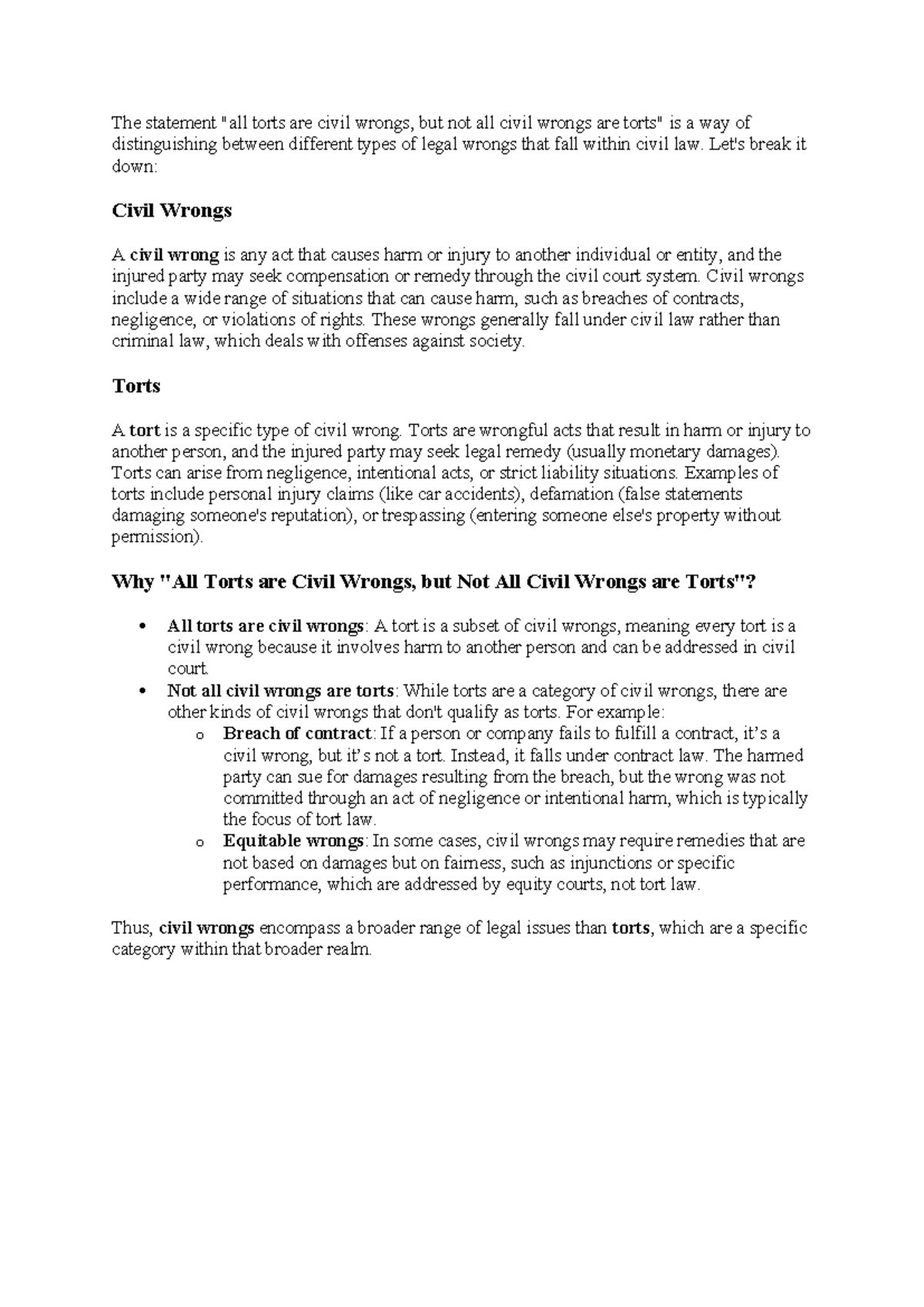 Civil Wrongs vs. Torts: Understanding Legal Distinctions - Studocu
