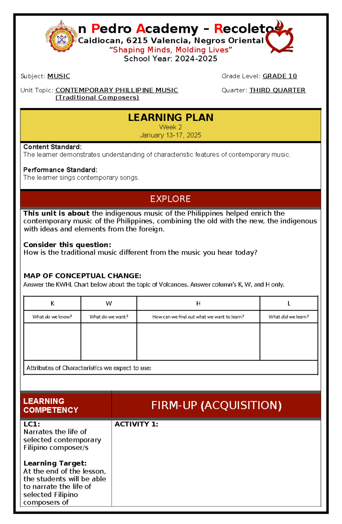 EFDT - Grade 10 Music Learning Plan: Contemporary Philippine Music ...