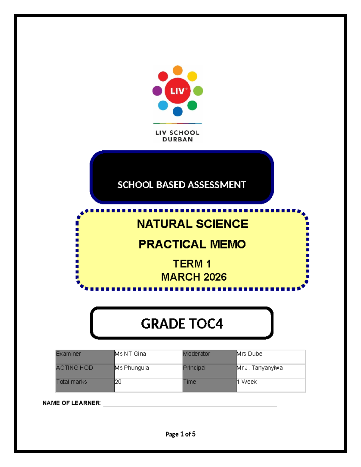 TOC4 Natural Science Practical Memo Term 1 March 2026 - Studocu