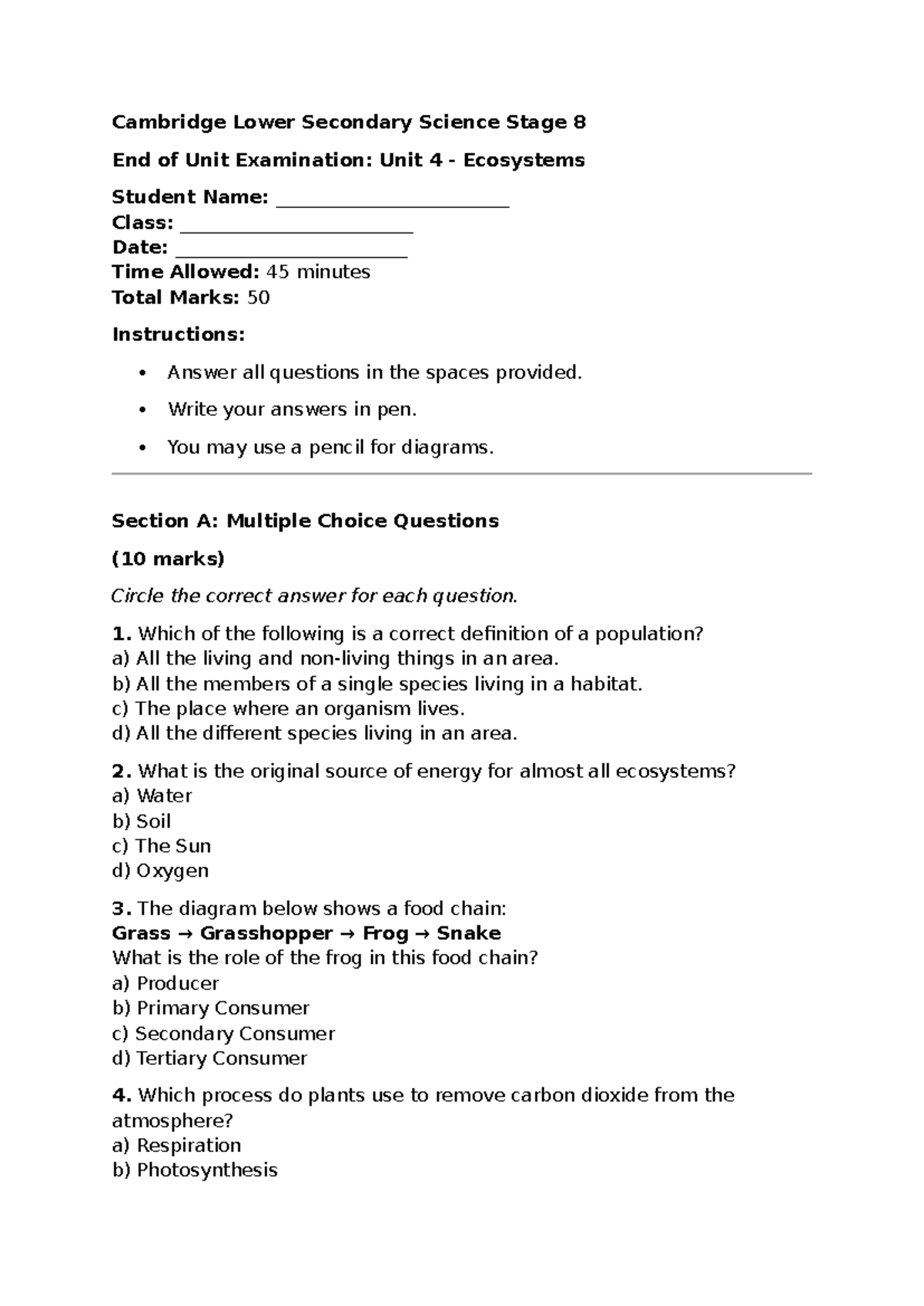 Cambridge Lower Secondary Science Stage 8 Unit 4 Ecosystems Exam - Studocu