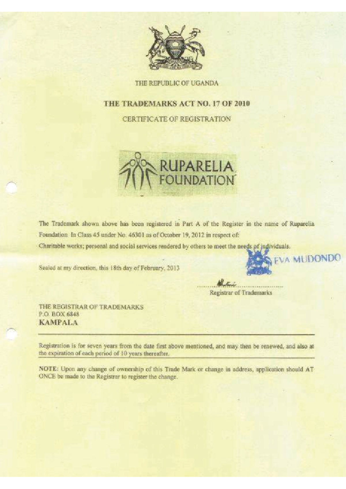 Certificate of Registration: Trademark No. 46301 for Ruparelia ...