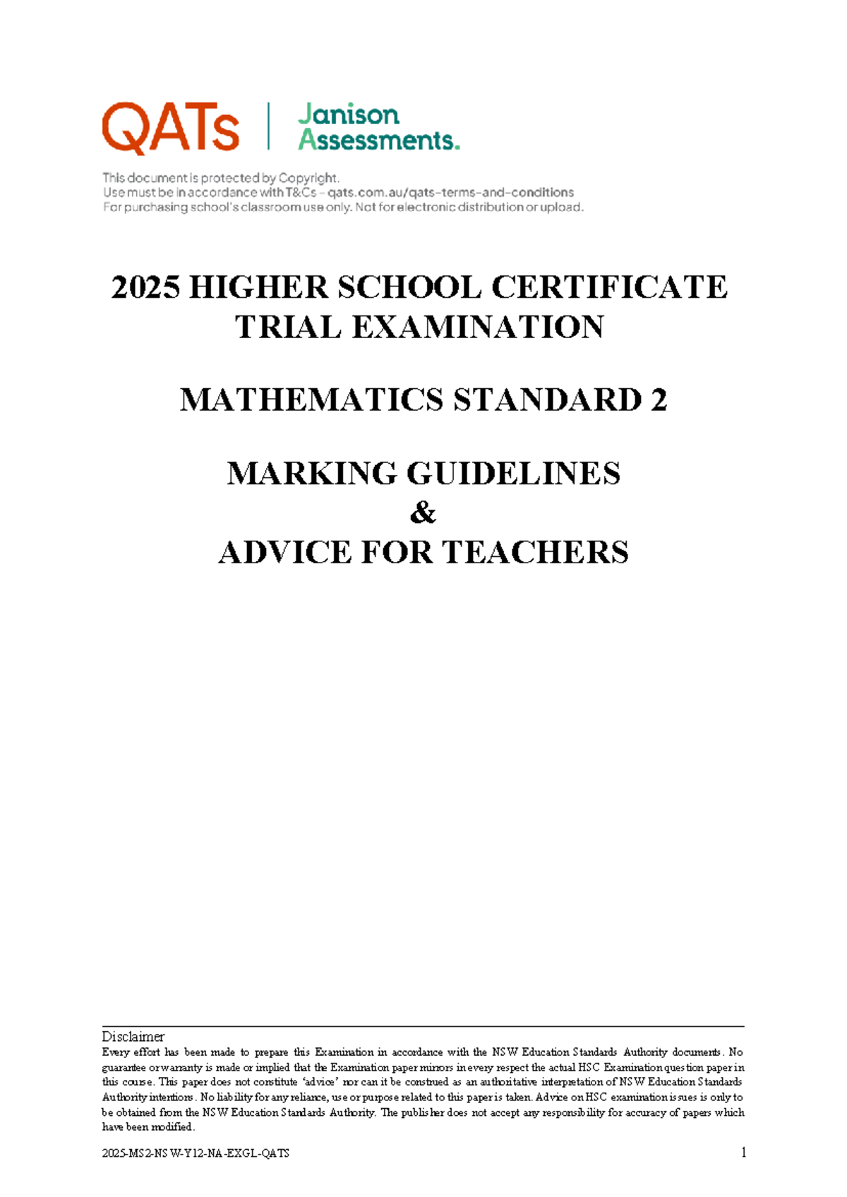 2025 HSC Trial Exam Mathematics Standard 2 Marking Guidelines - Studocu