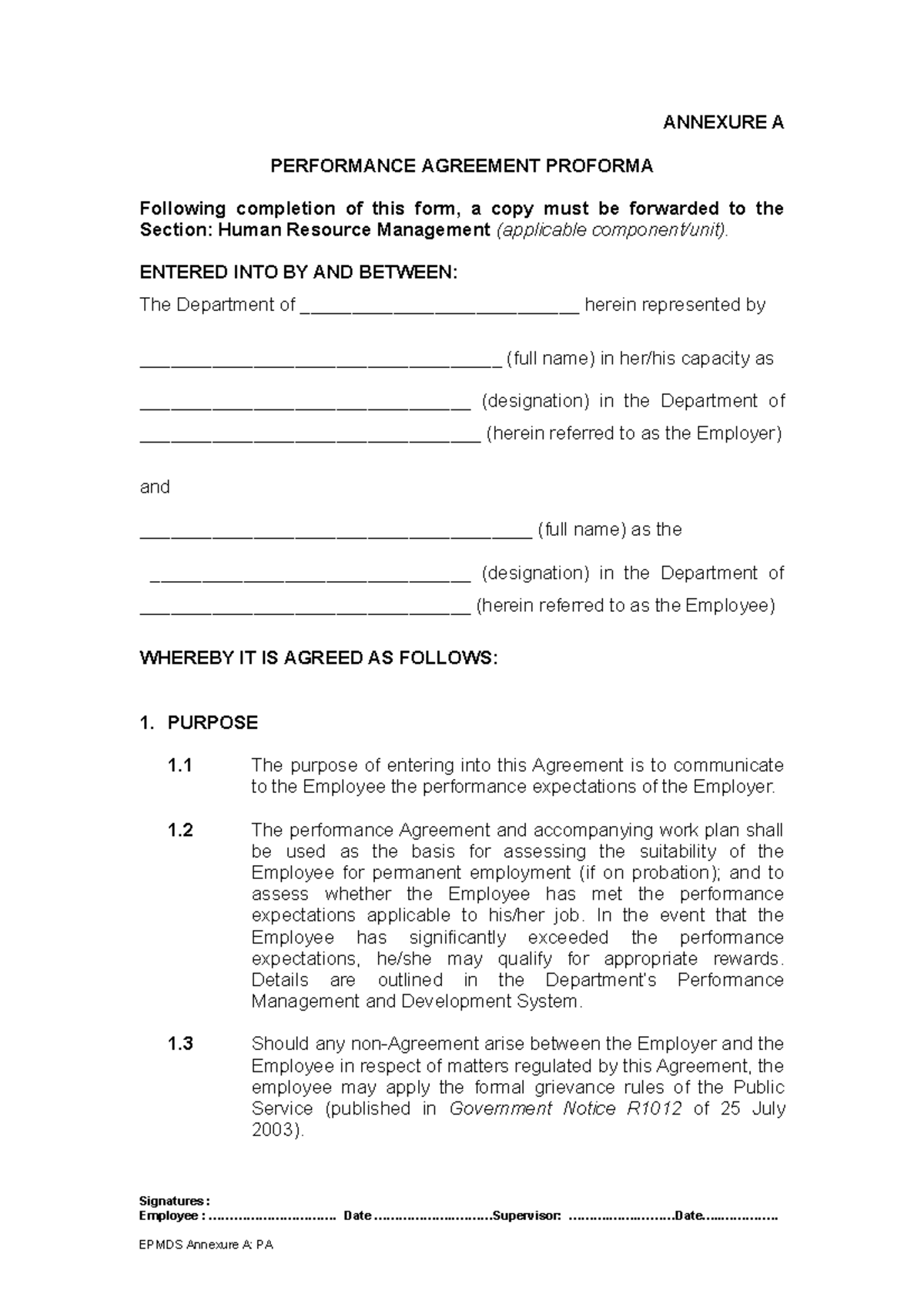 Annex A: Employee Performance Agreement Template for HR Management ...