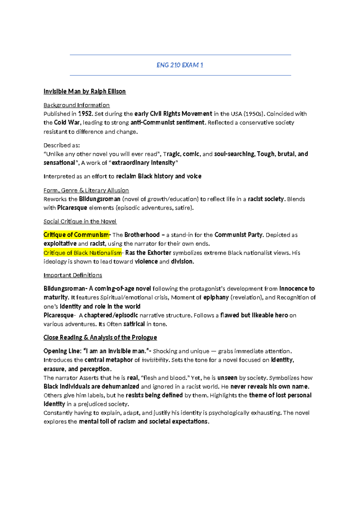 ENG 210 EXAM 1 Summary: Invisible Man by Ralph Ellison - Studocu