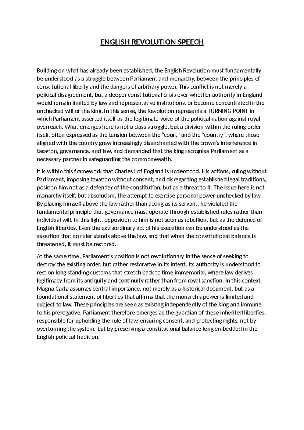 ENGL 101: English Revolution Speech Analysis and Insights - Studocu
