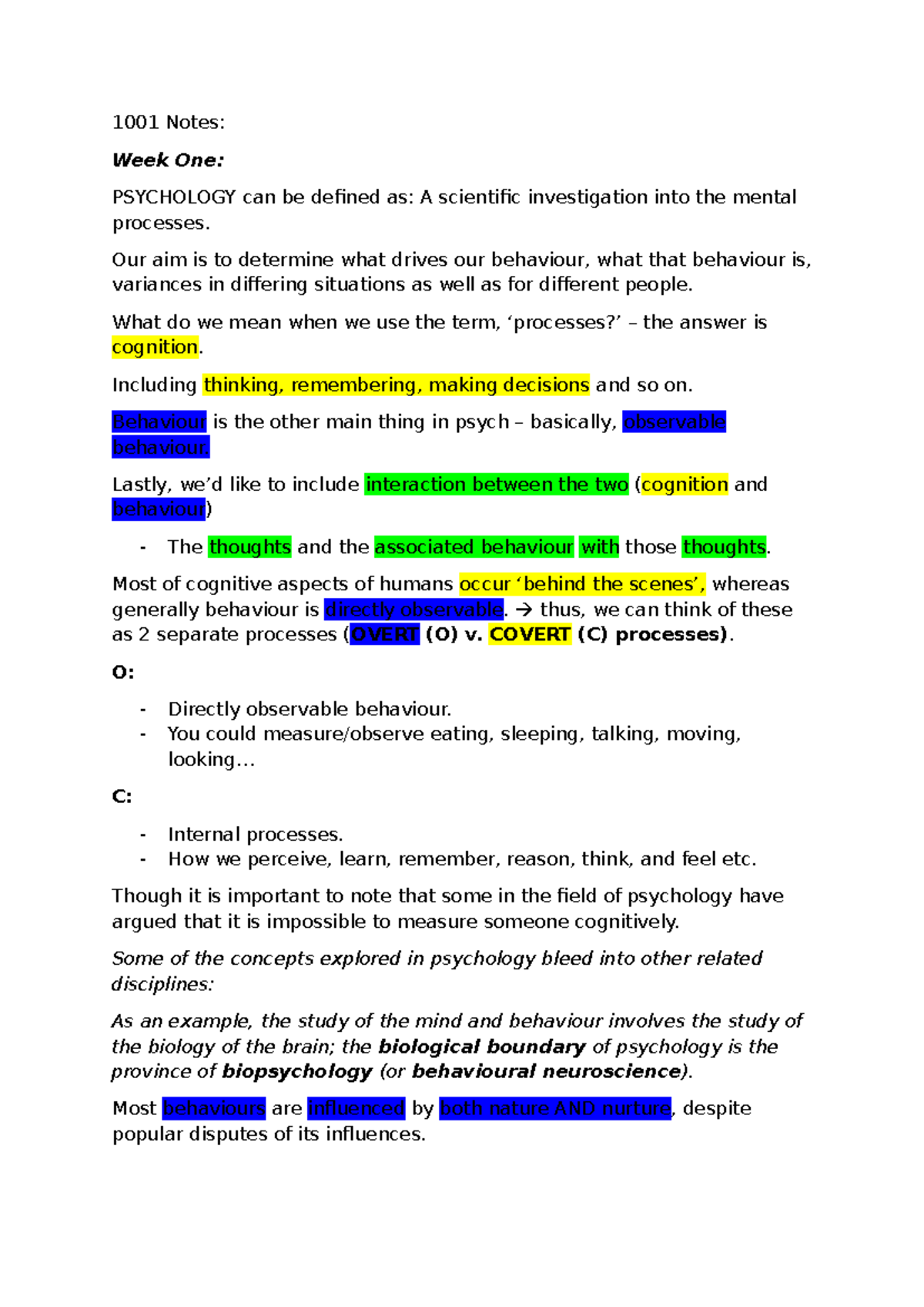 1001 Notes: Week 1 Overview of Psychology Concepts - Studocu