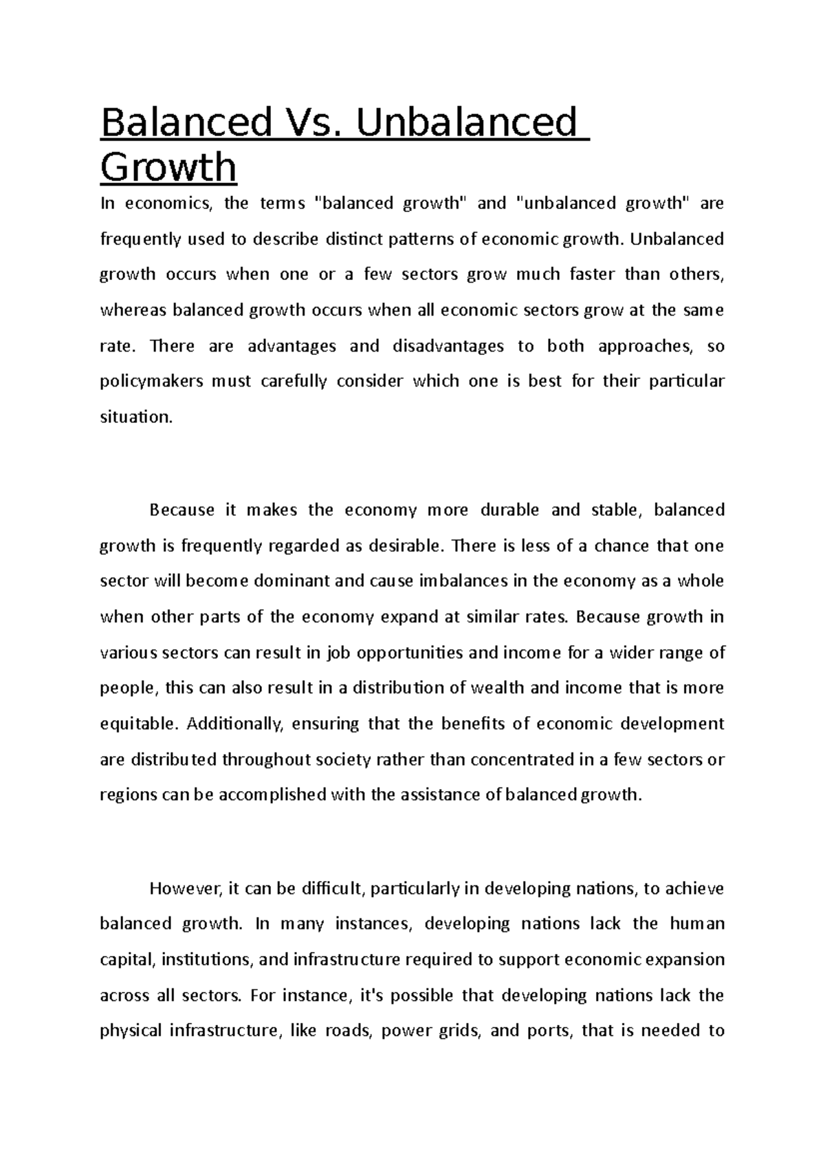 Economic Growth Perspectives: Balanced vs. Unbalanced Insights - Studocu
