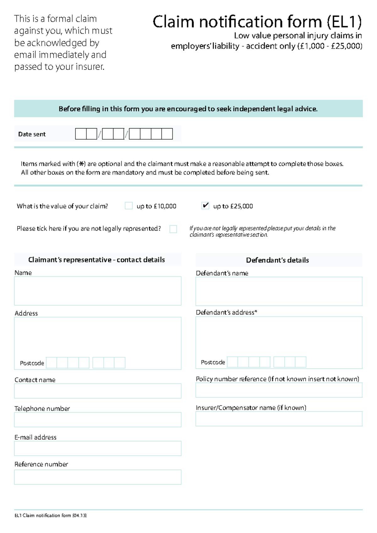 EL1 Claim Notification Form - Low Value Personal Injury Claims - Studocu