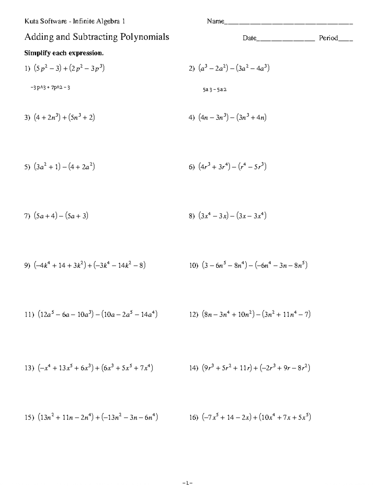 Kuta Software - Adding & Subtracting Polynomials Worksheet - Studocu