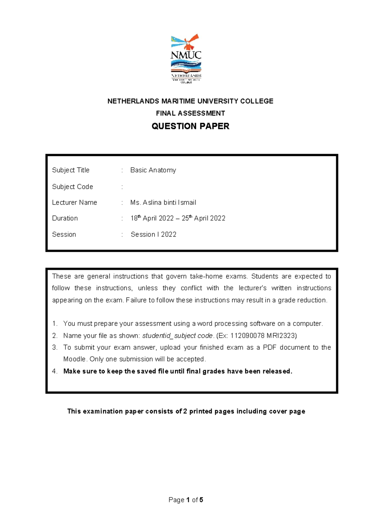 DMS 2413 FINAL ASSESSMENT QUESTION PAPER - BASIC ANATOMY - Studocu