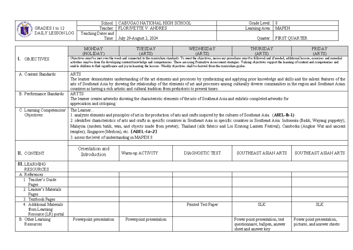 DLL Quarter 1 Mapeh 8 ARTS WEEK 3 - GRADES 1 to 12 DAILY LESSON LOG ...
