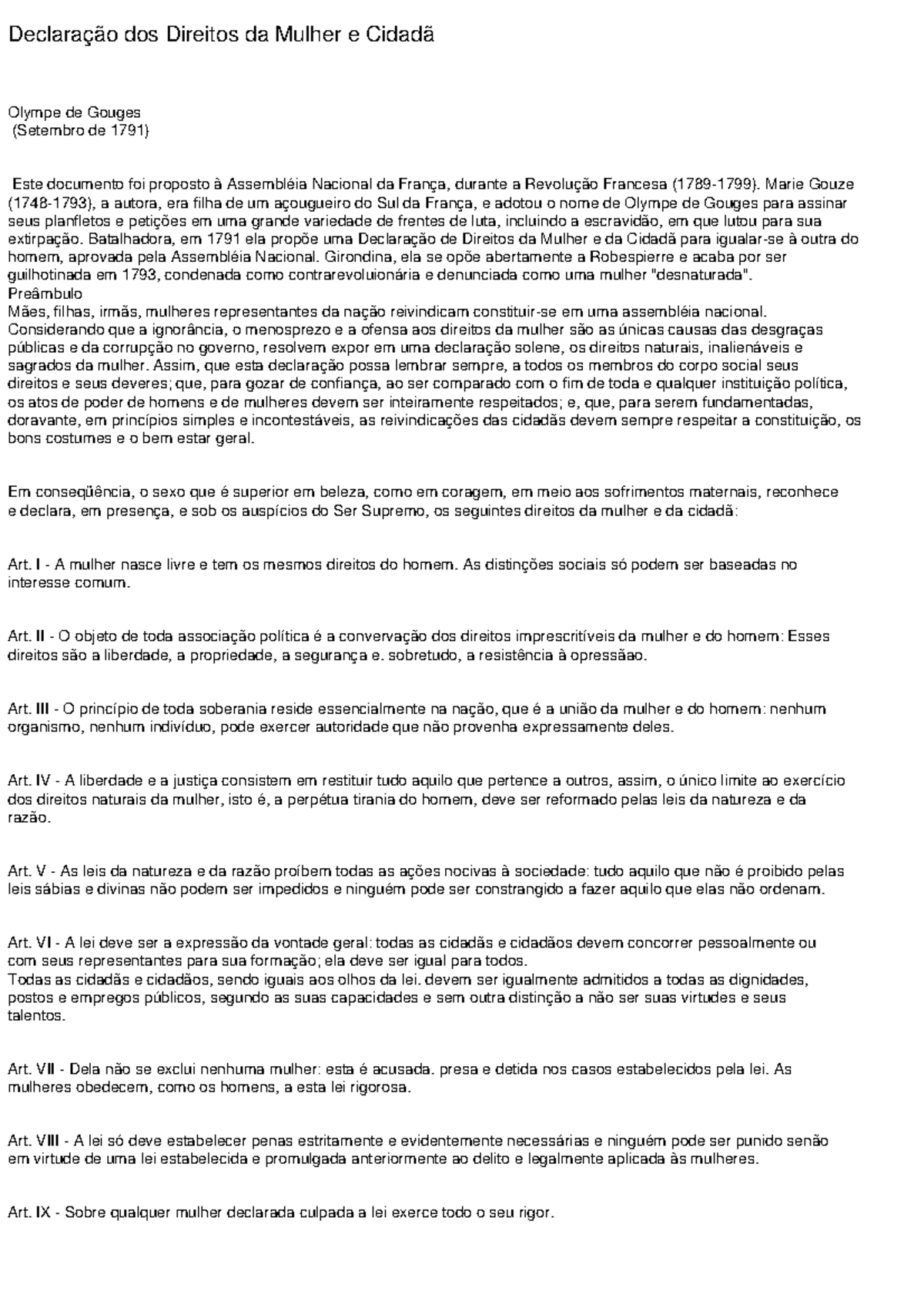 Declaração dos Direitos da Mulher e da Cidadã - Olympe de Gouges (1791 ...