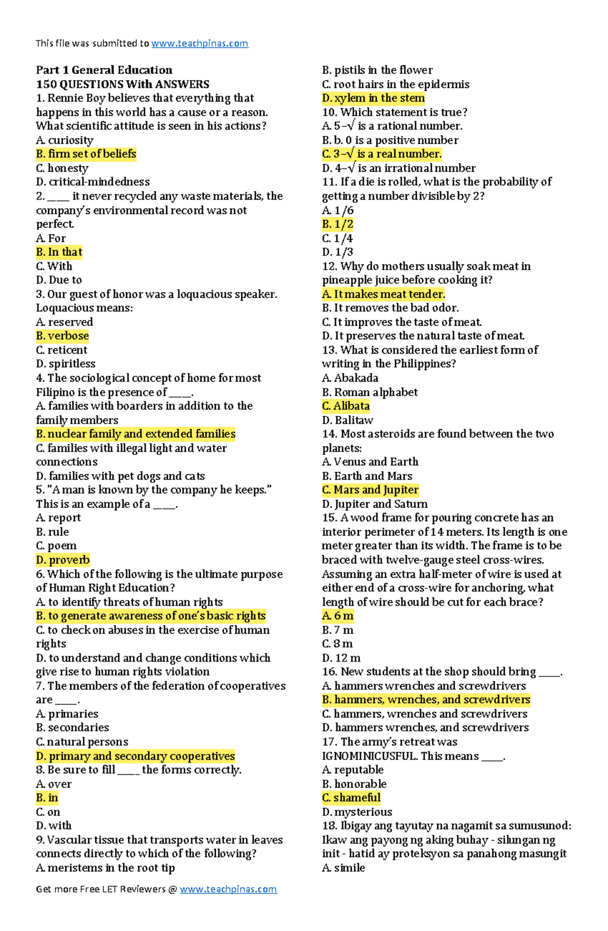 General Education Part 1: 150 Questions with Answers - Studocu
