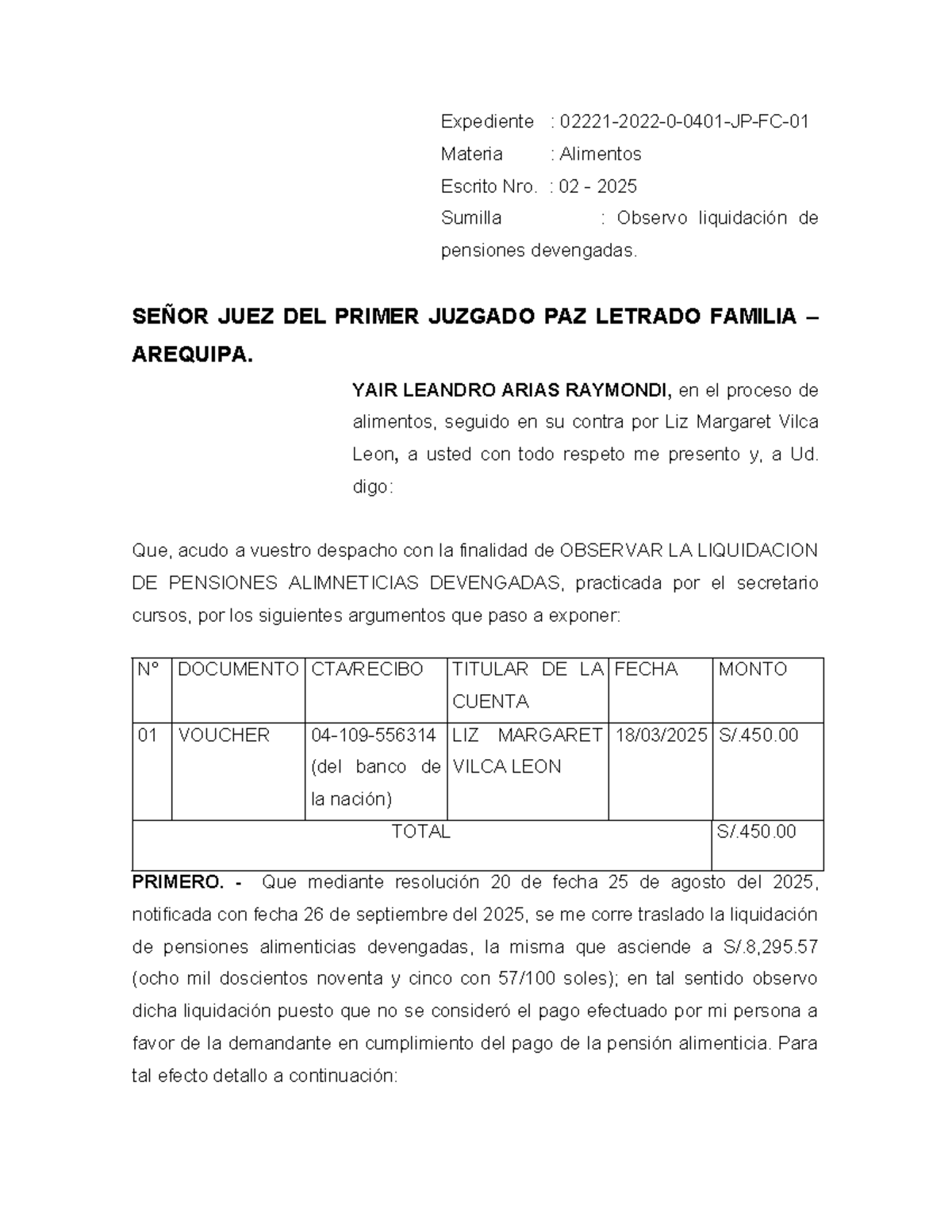 Escrito de Observación de Liquidación de Pensiones Alimenticias - 2025 - Document Preview