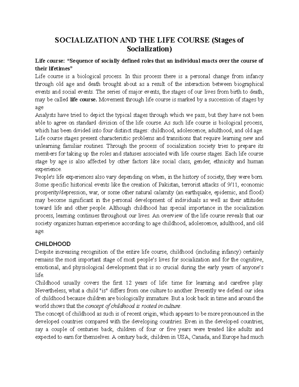 Socialization AND THE LIFE Course - SOCIALIZATION AND THE LIFE COURSE ...