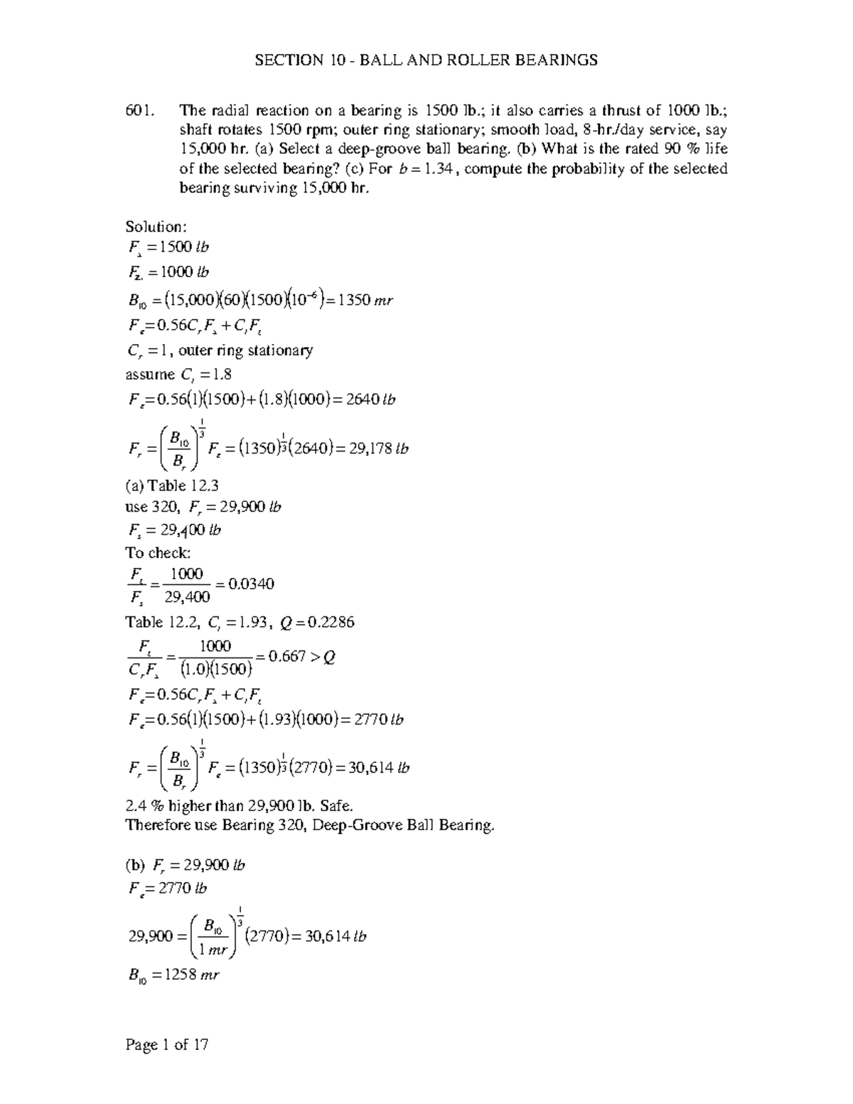 Ball and Roller Bearing Design - The radial reaction on a bearing is ...
