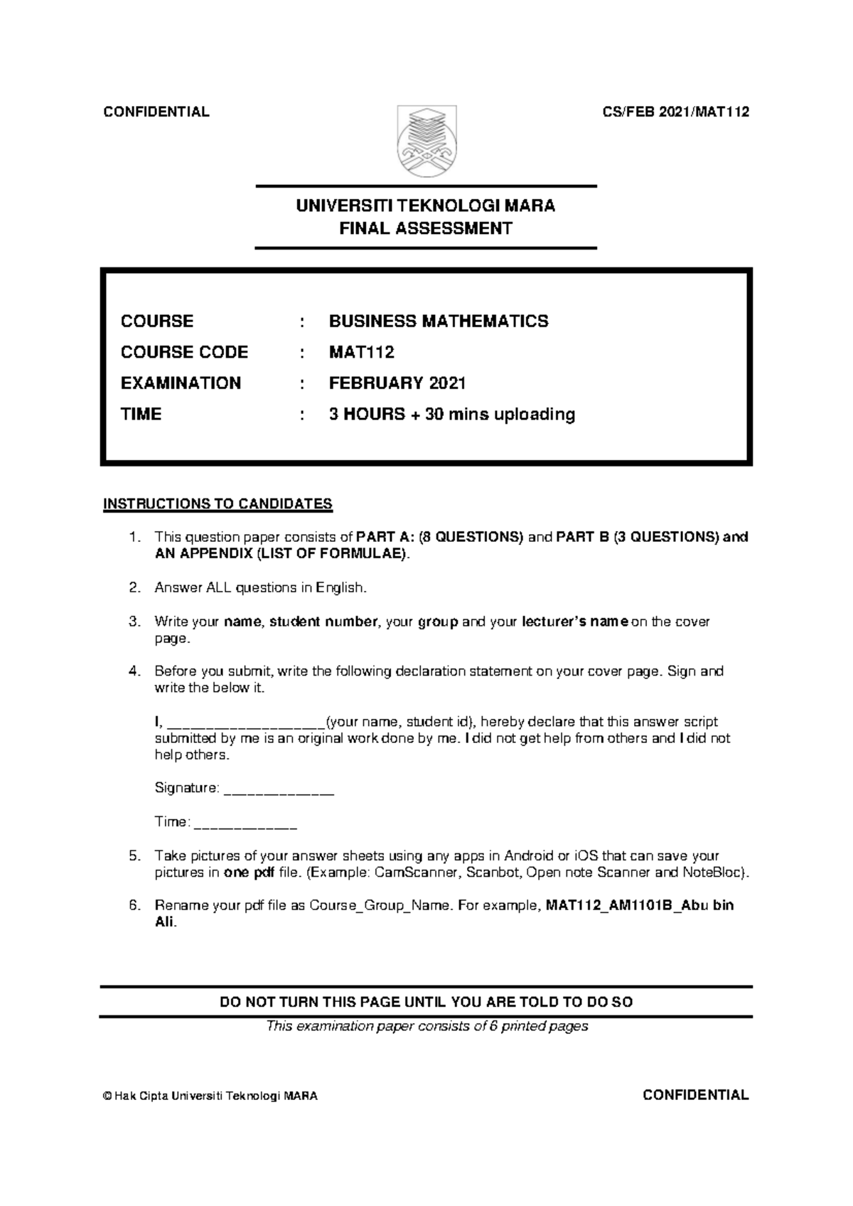 MAT112 Final Exam Paper - Business Mathematics, February 2021 - Studocu