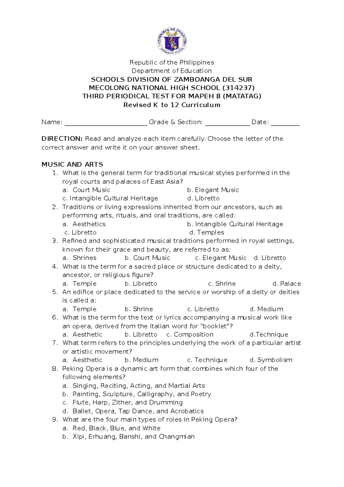Q3 Periodical Test for MAPEH 8 (314237) - Music, Arts, PE & Health ...