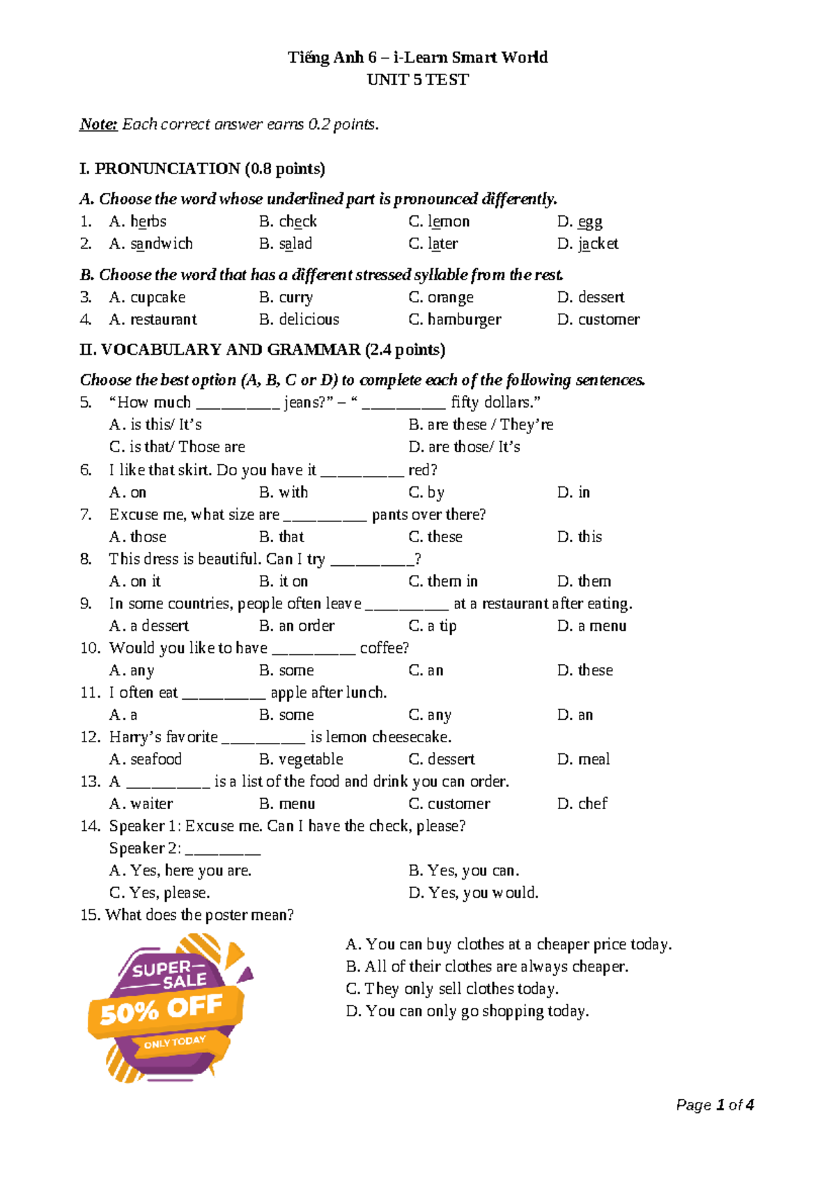 UNIT 5 TEST - Tiếng Anh 6 Smart World - Studocu