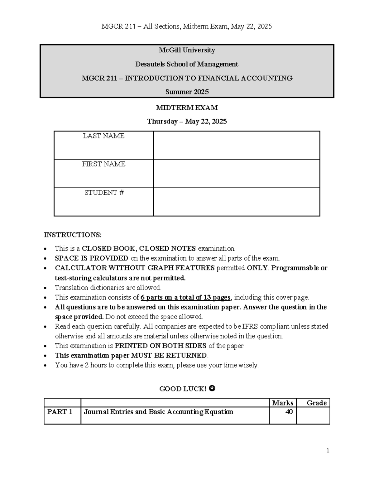 MGCR 211 Summer 2025 Midterm Exam Solutions and Analysis - Studocu