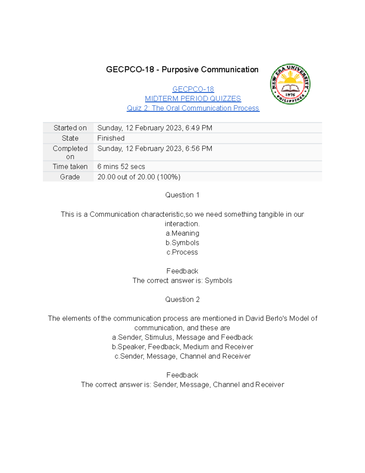 GECPCO-18 Midterm Quiz Review: Purposive Communication & Models - Studocu