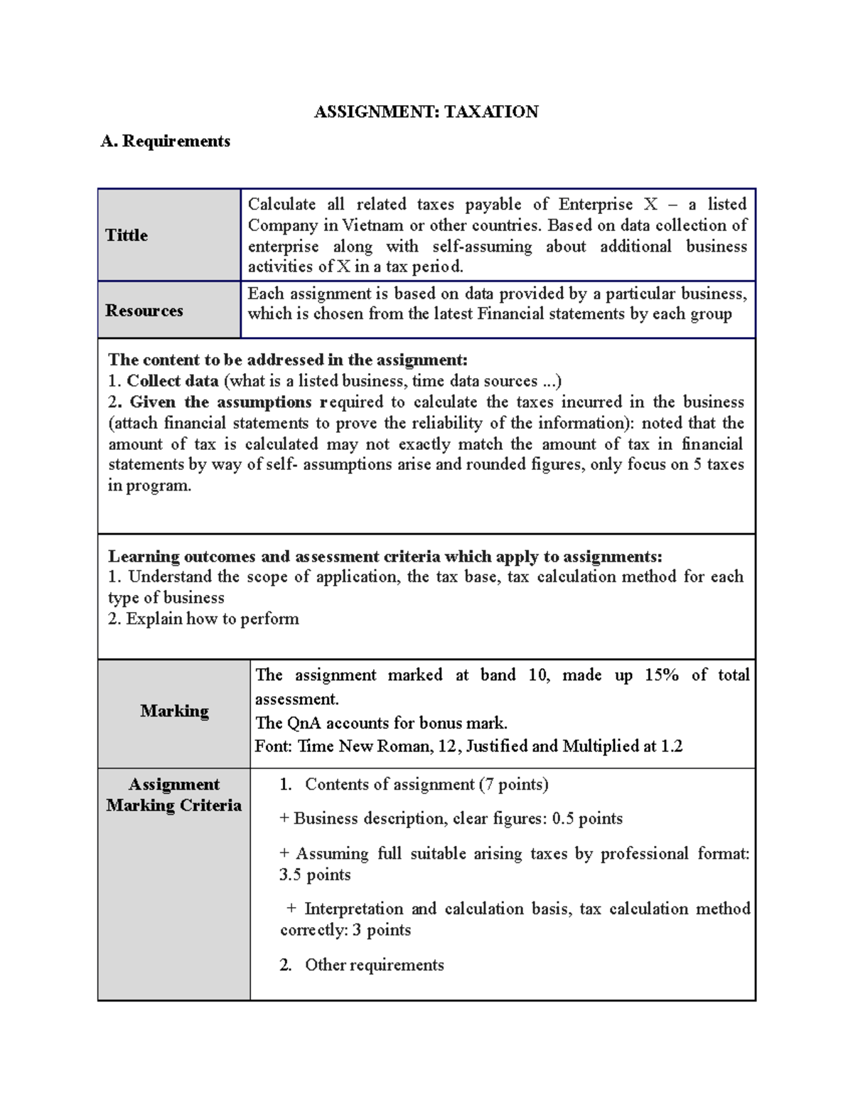 TAX 2 Assignment: Calculation of Taxes for Enterprise X - Studocu