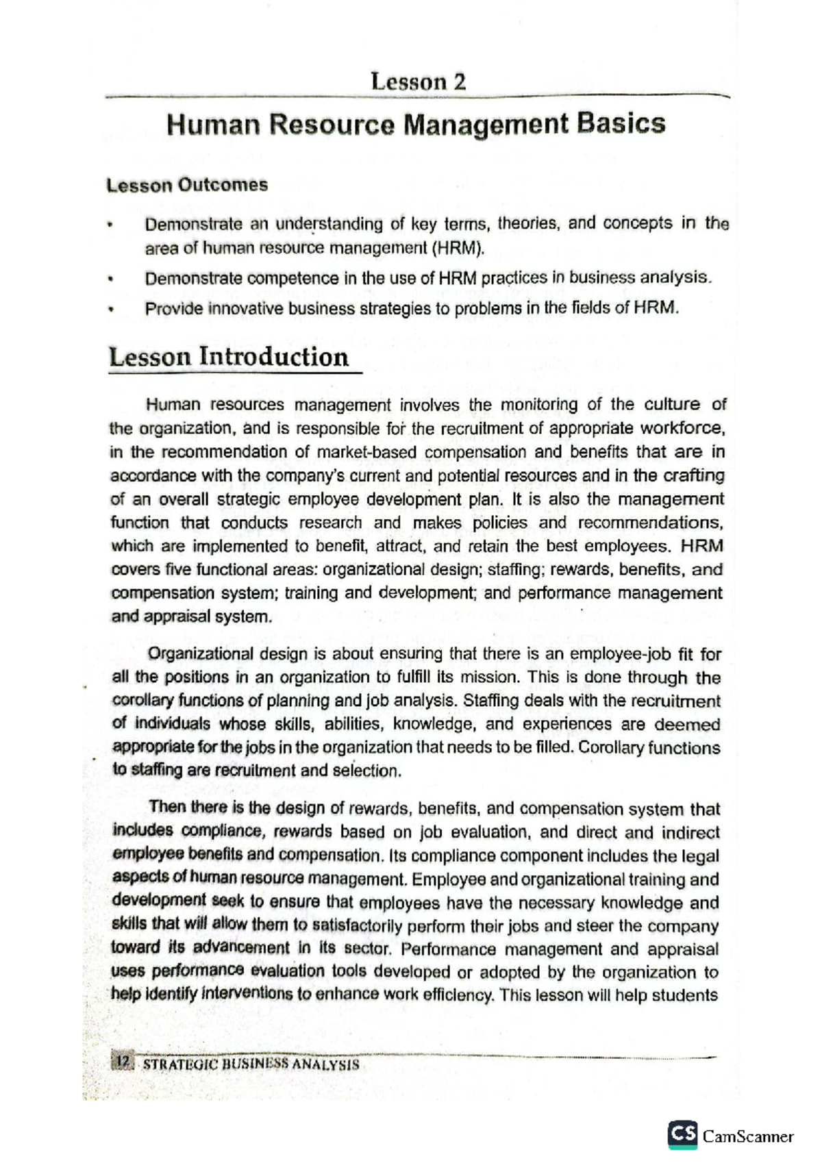Chapter 1: Lesson 2 - HRM Basics and Strategic Business Analysis CS ...