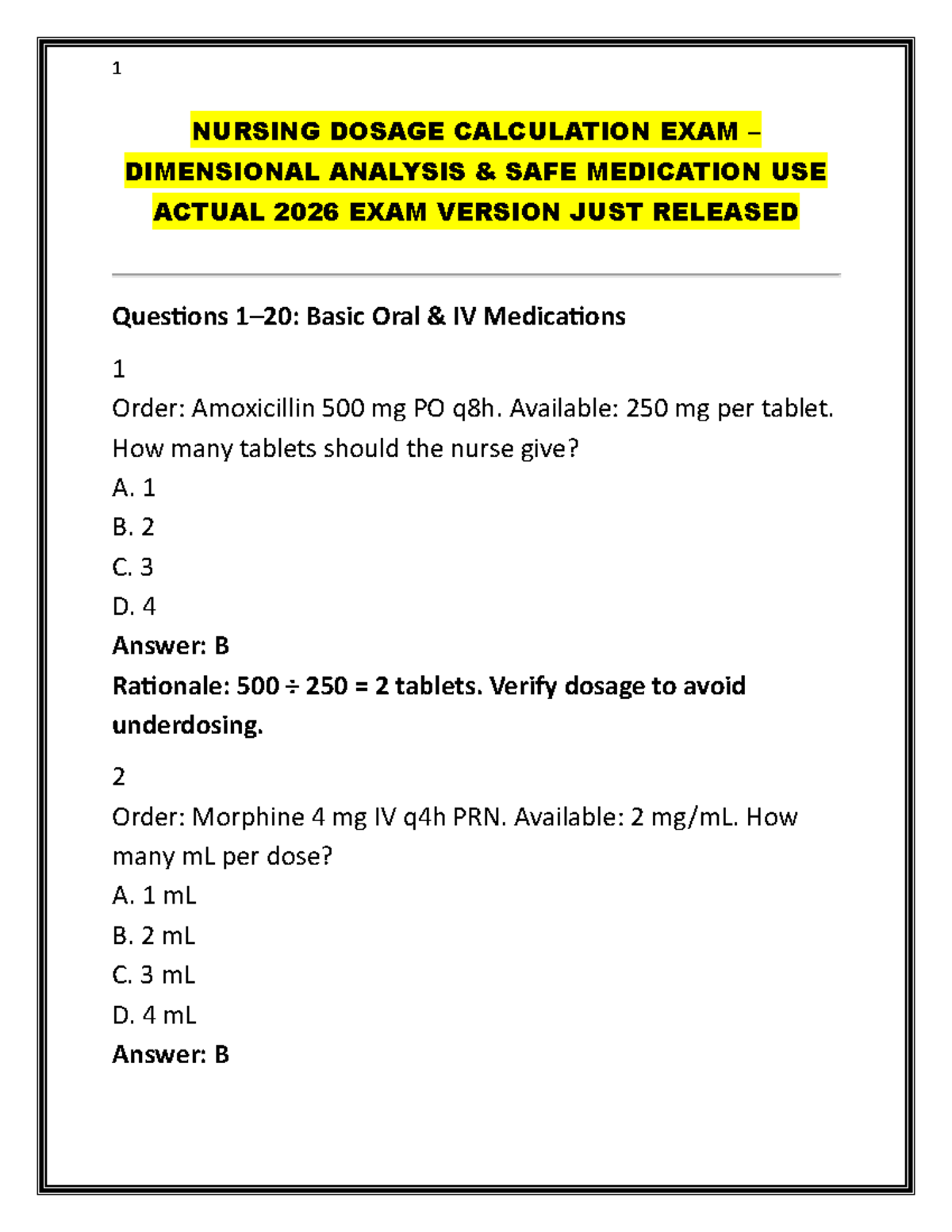 NURS 101 Nursing Dosage Calculation Exam 2026: Dimensional Analysis ...