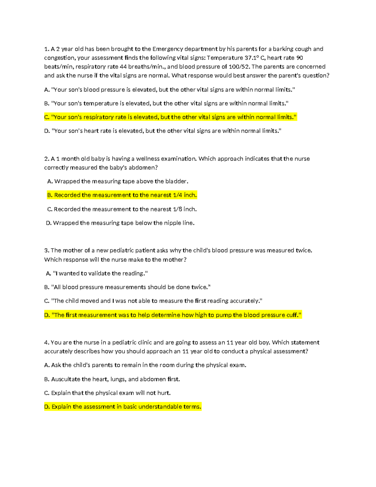 PEDS 101 - Assessment Homework 24: Pediatric Vital Signs & Techniques ...